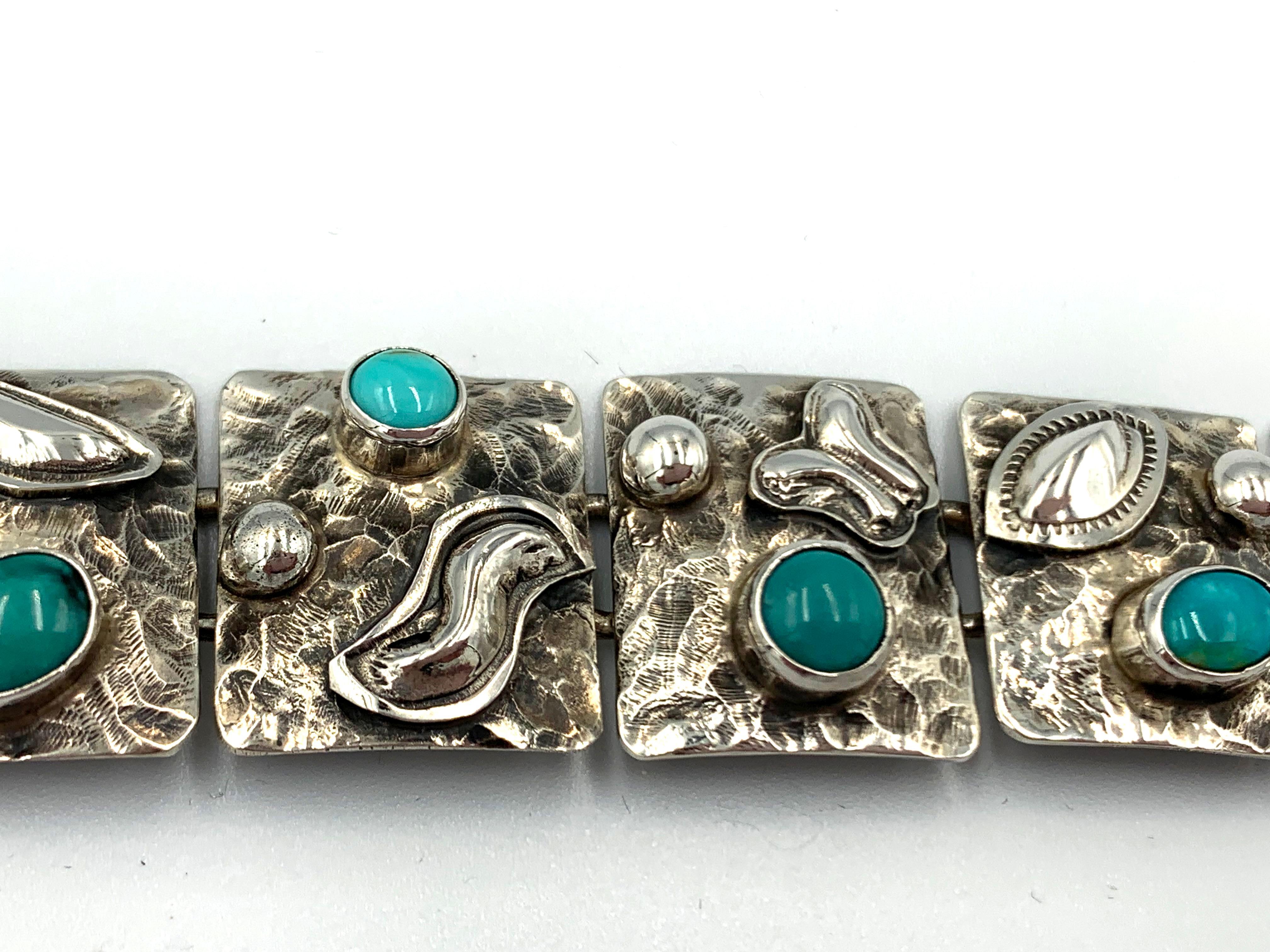 Bracelet à maillons en argent sterling et turquoise de l'orfèvre Navajo Ronnie Willie en vente 1
