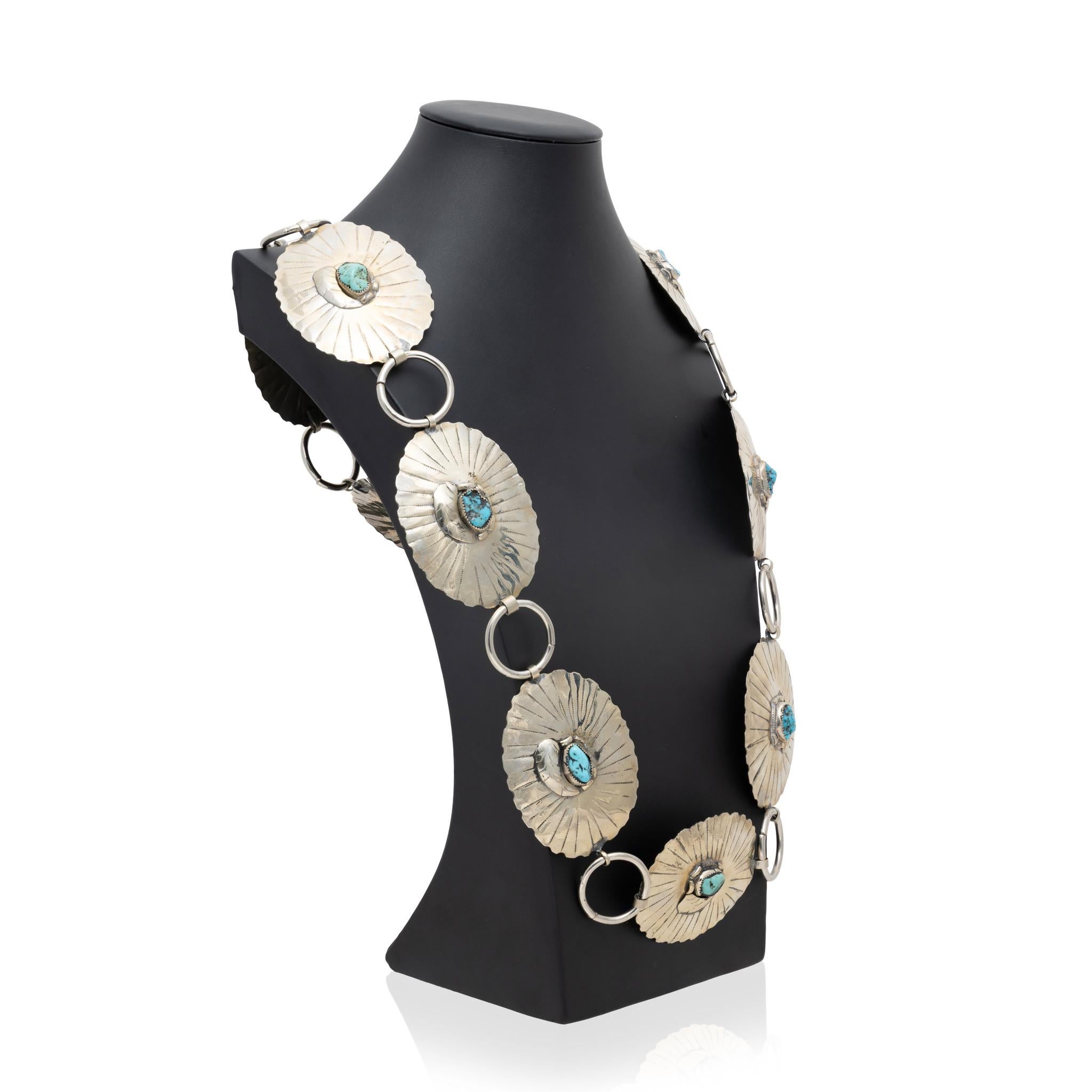 Sterling Silber und Türkis Link Concho Gürtel im Zustand „Gut“ im Angebot in Coeur d Alene, ID