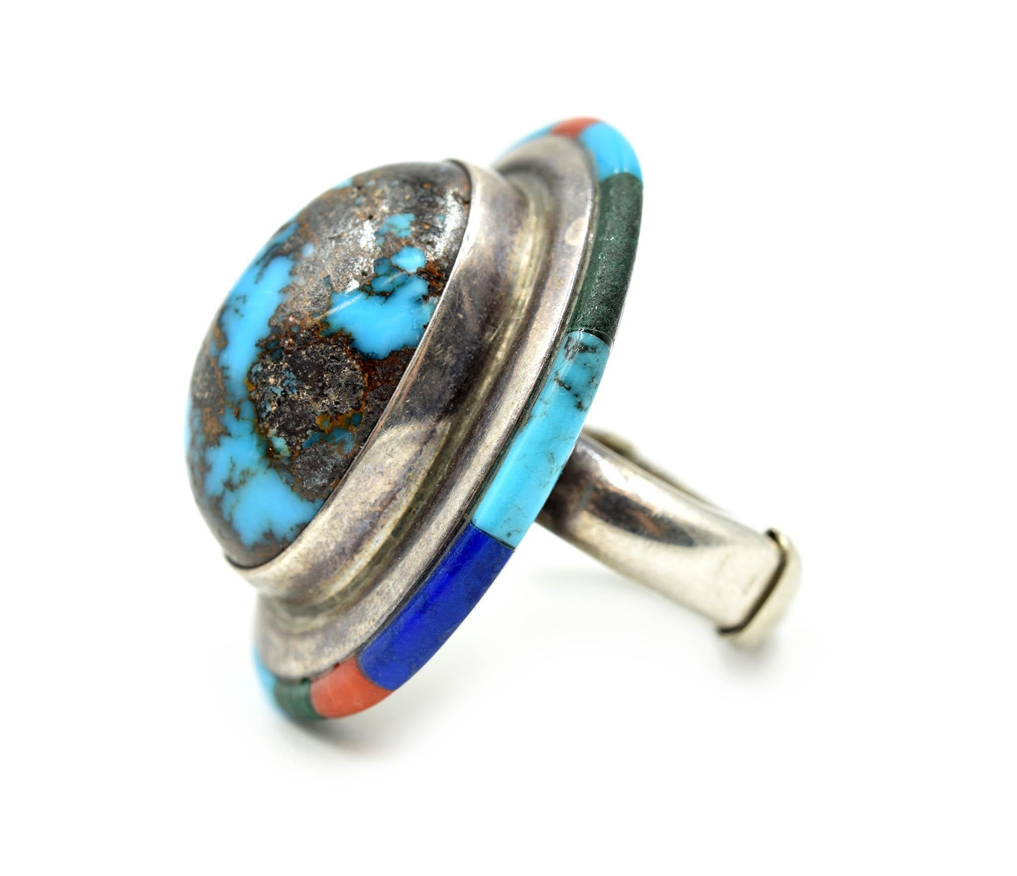 Modern Sterling Silver and Turquoise Ring with Gemstone Inlay For Sale