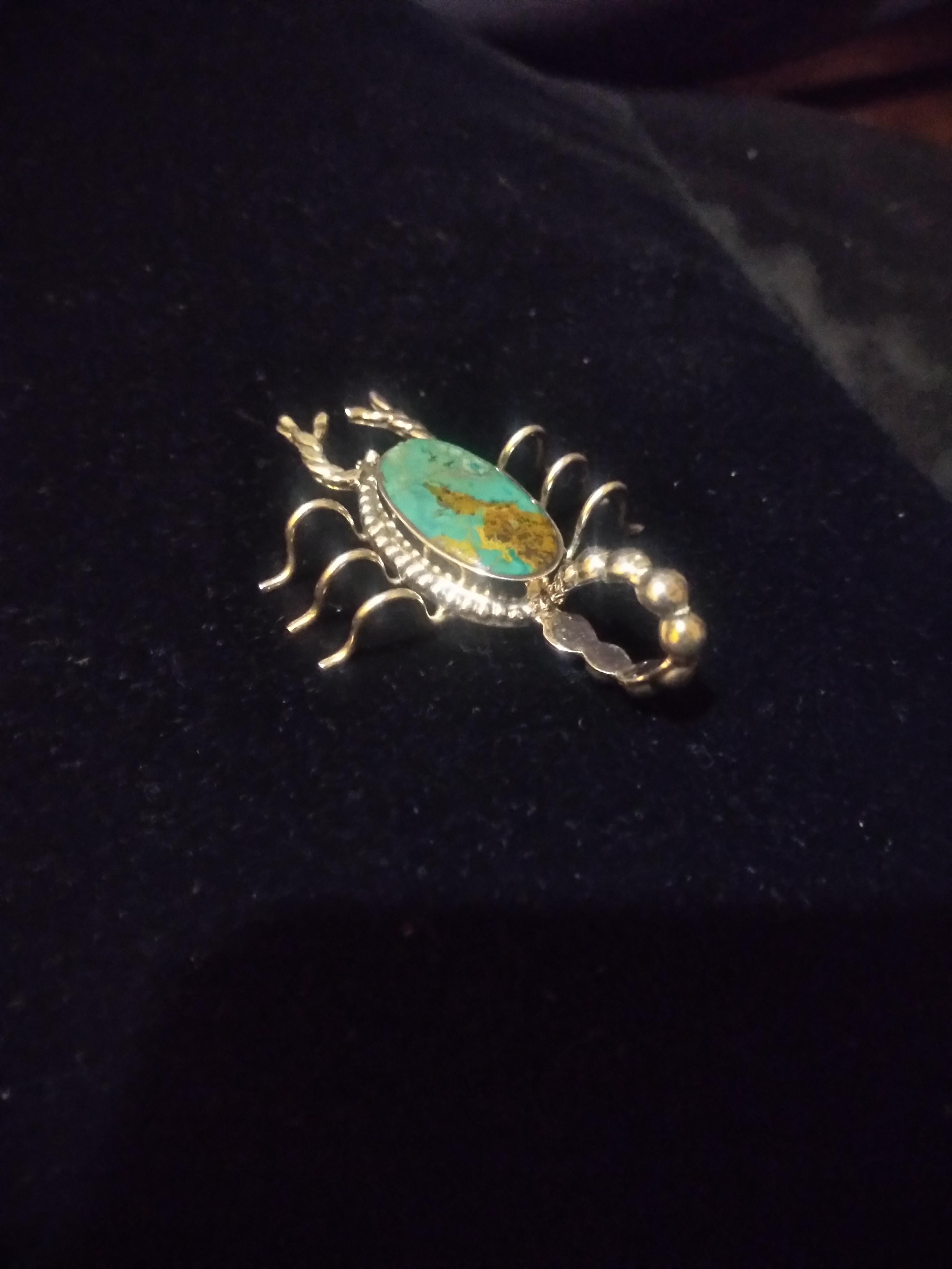 This is a beautiful pendant hand crafted in sterling silver. It has a turquoise setting and is Navajo Indian crafted. It depicts a scorpion.
