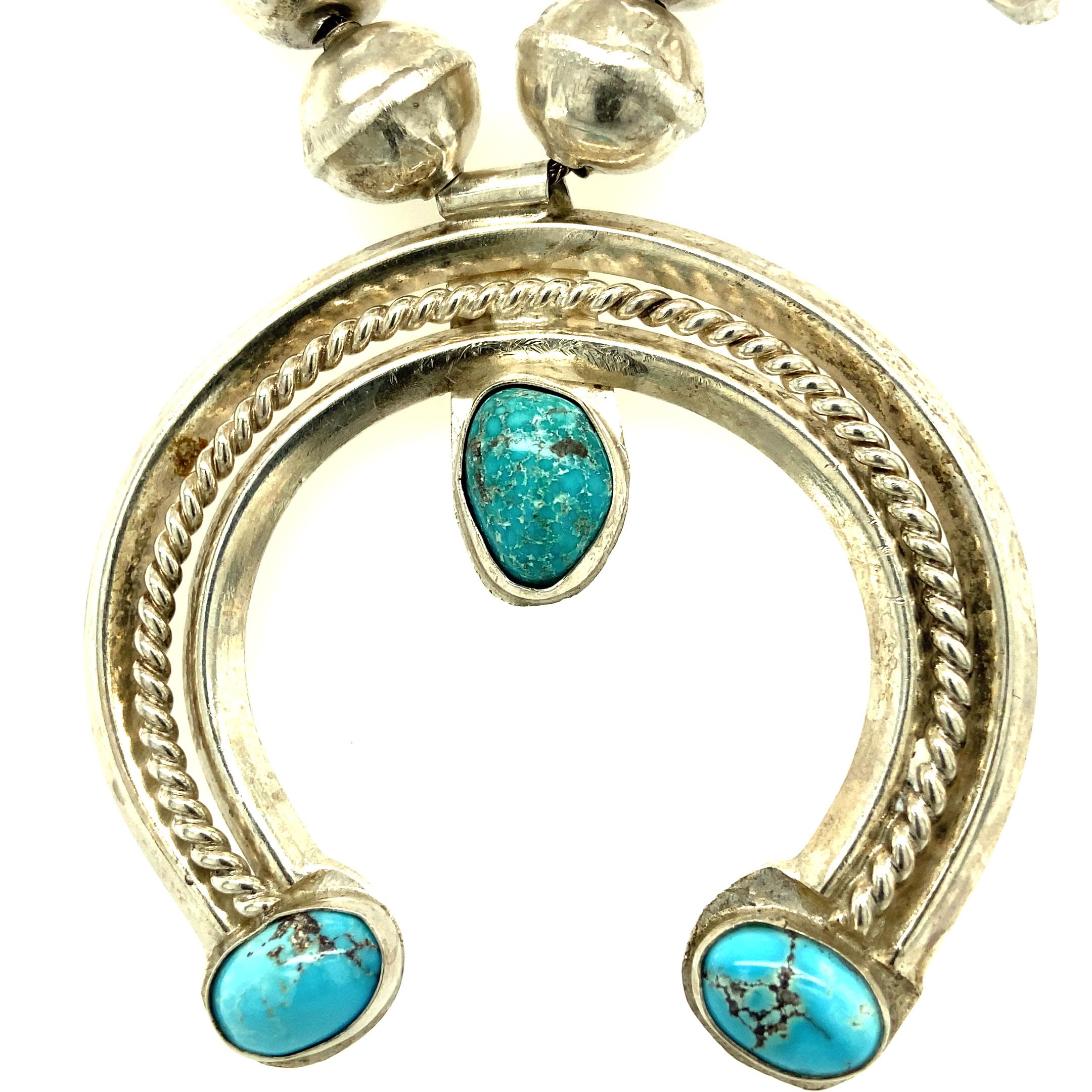 Round Cut Sterling Silver and Turquoise Squash Blossom