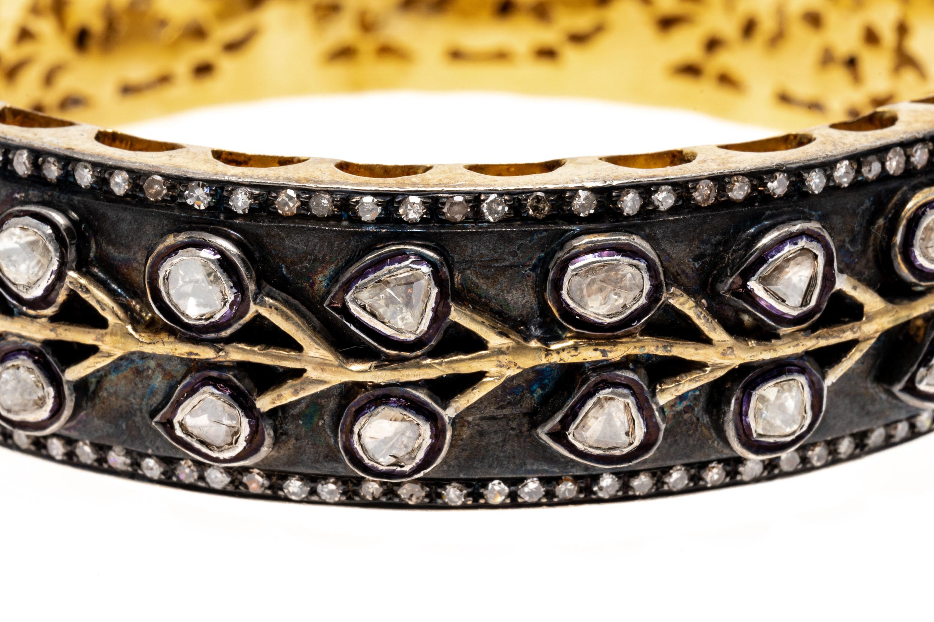 Anglo-Indian Sterling Silver and Vermeil Macle and Round Diamond Wide Hinged Bangle Bracelet For Sale