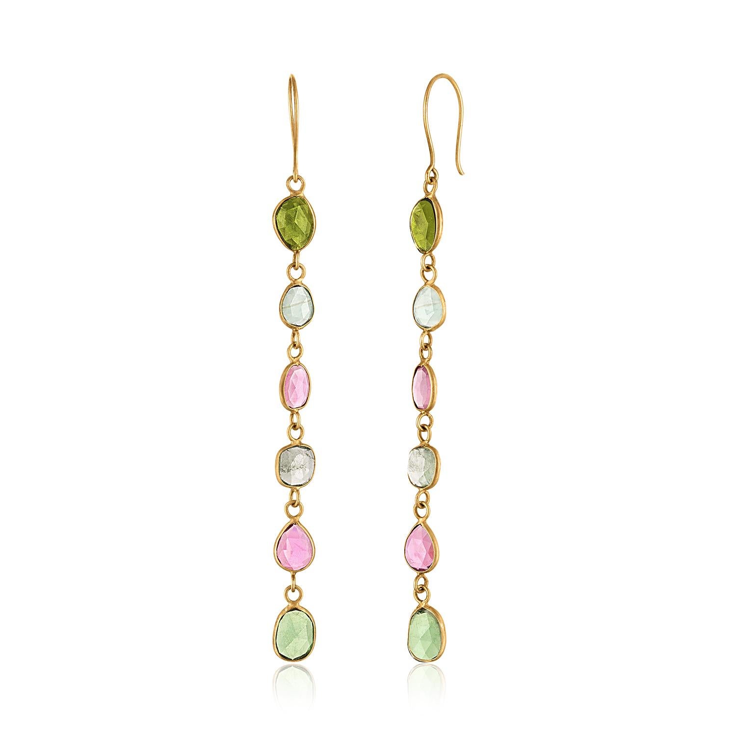Sterling Silver and Watermelon Tourmaline Gemstone Shoulder Duster Earrings In New Condition For Sale In Manalapan, FL