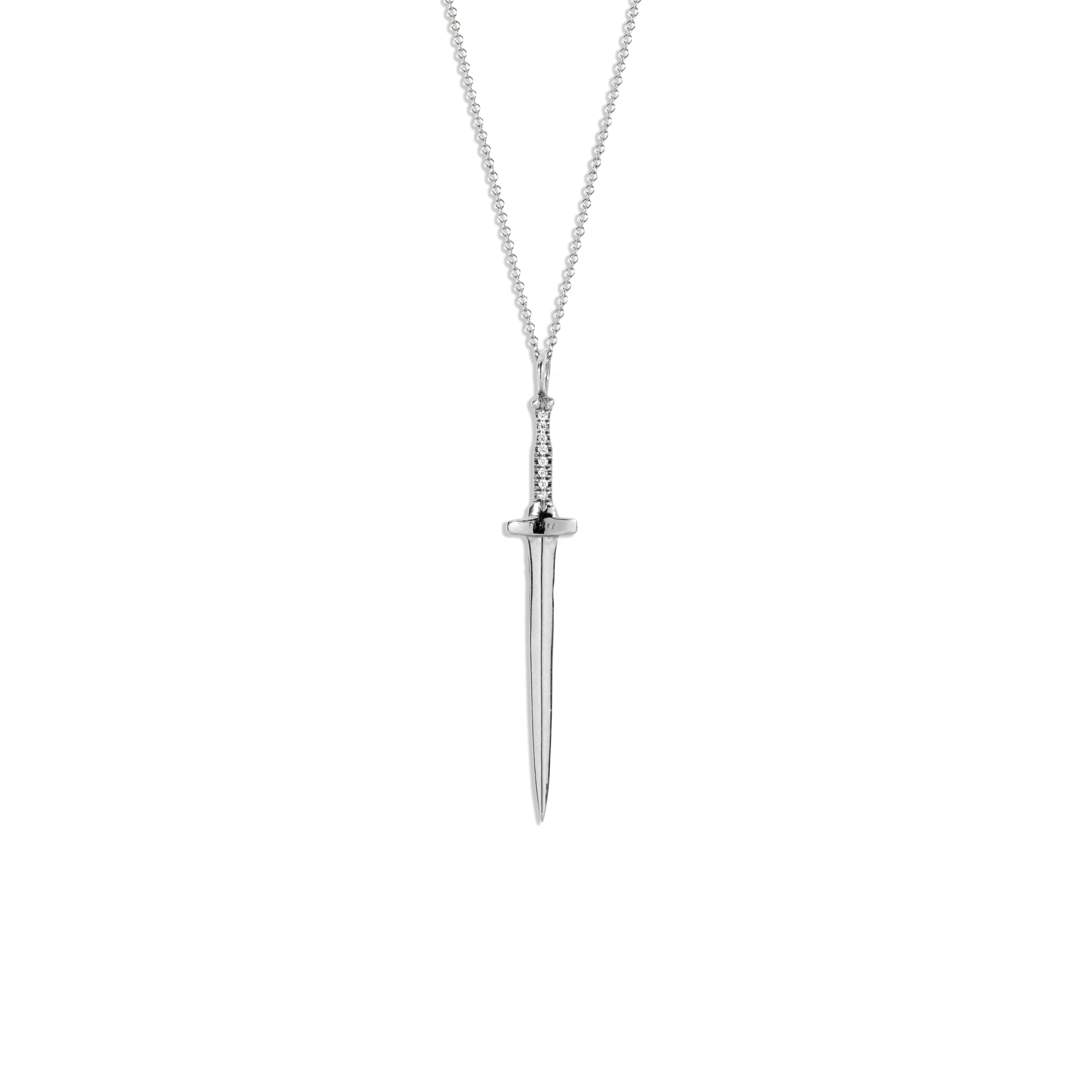 Sterling Silver and White Diamond Large Dagger Pendant For Sale
