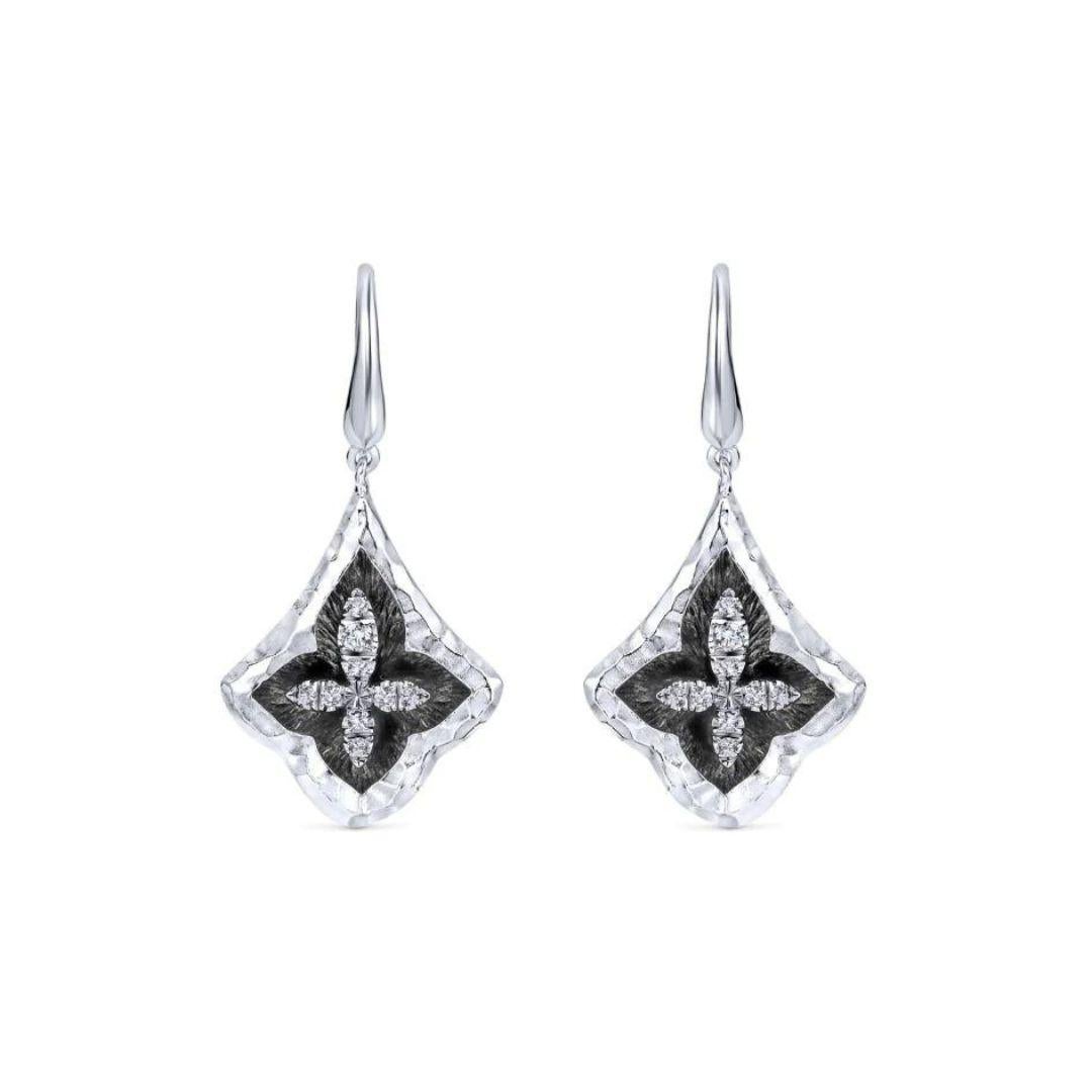 Sterling Silver and White Sapphire Earrings. Hammered finish offsets a black rhodium with glistening white sapphires. Total gemstone weight is 0.23 ctw. Rhodium finish for tarnish free maintenance.