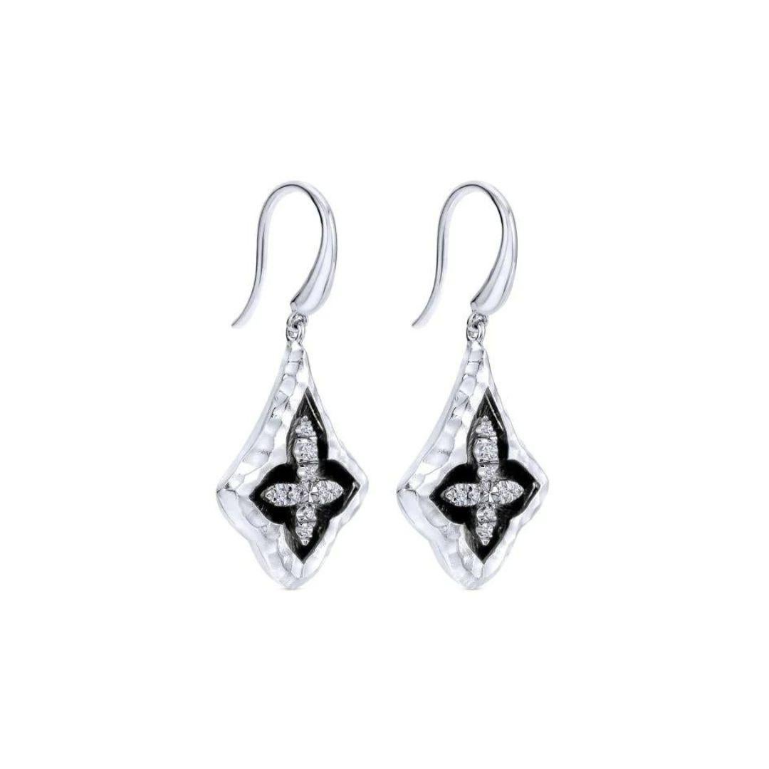 Round Cut   Sterling Silver and White Sapphire Earrings with Black Rhodium For Sale