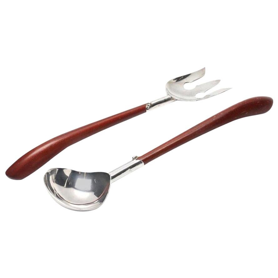 Sterling Silver and Wood Salad Servers For Sale