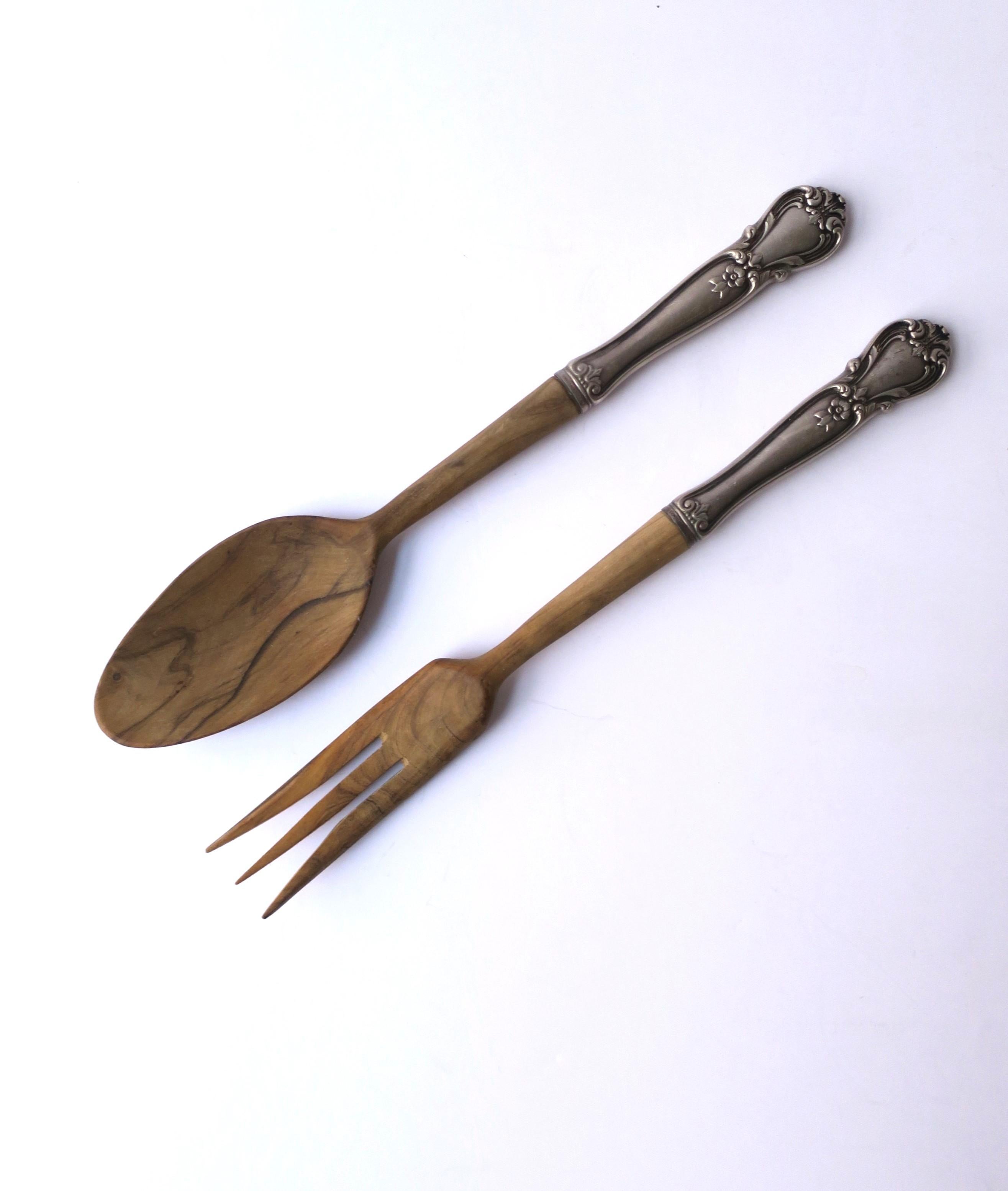 Rustic Sterling Silver and Wood Salad Serving Utensils For Sale
