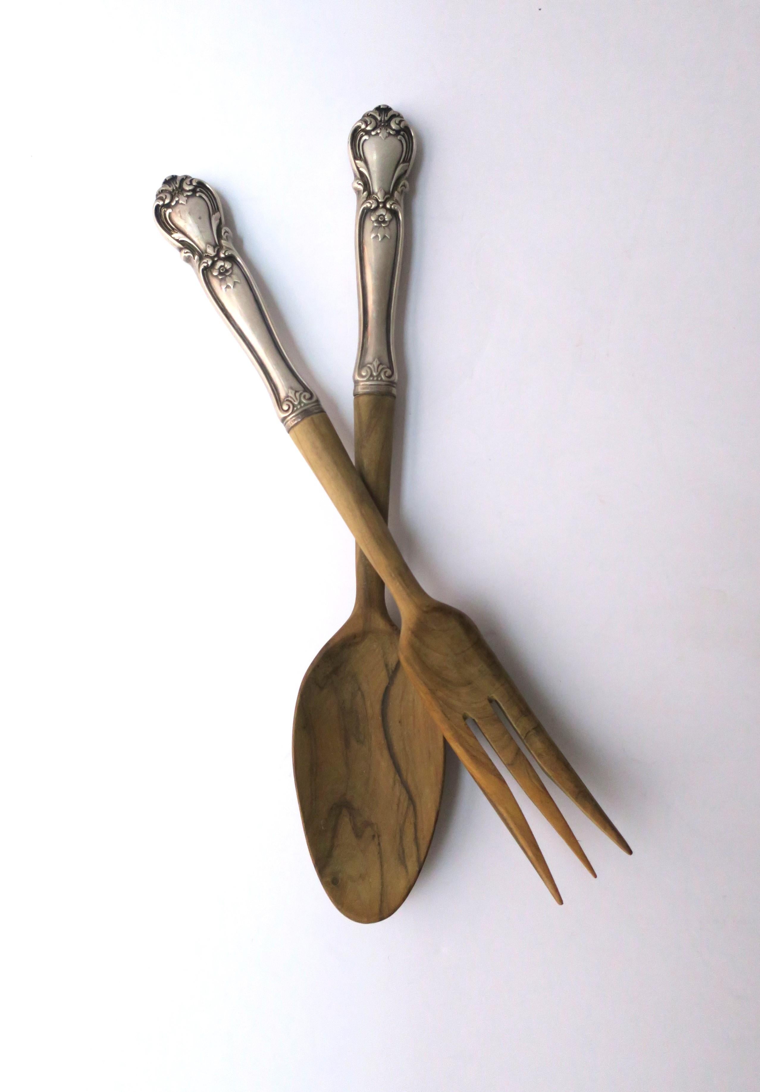 European Sterling Silver and Wood Salad Serving Utensils For Sale