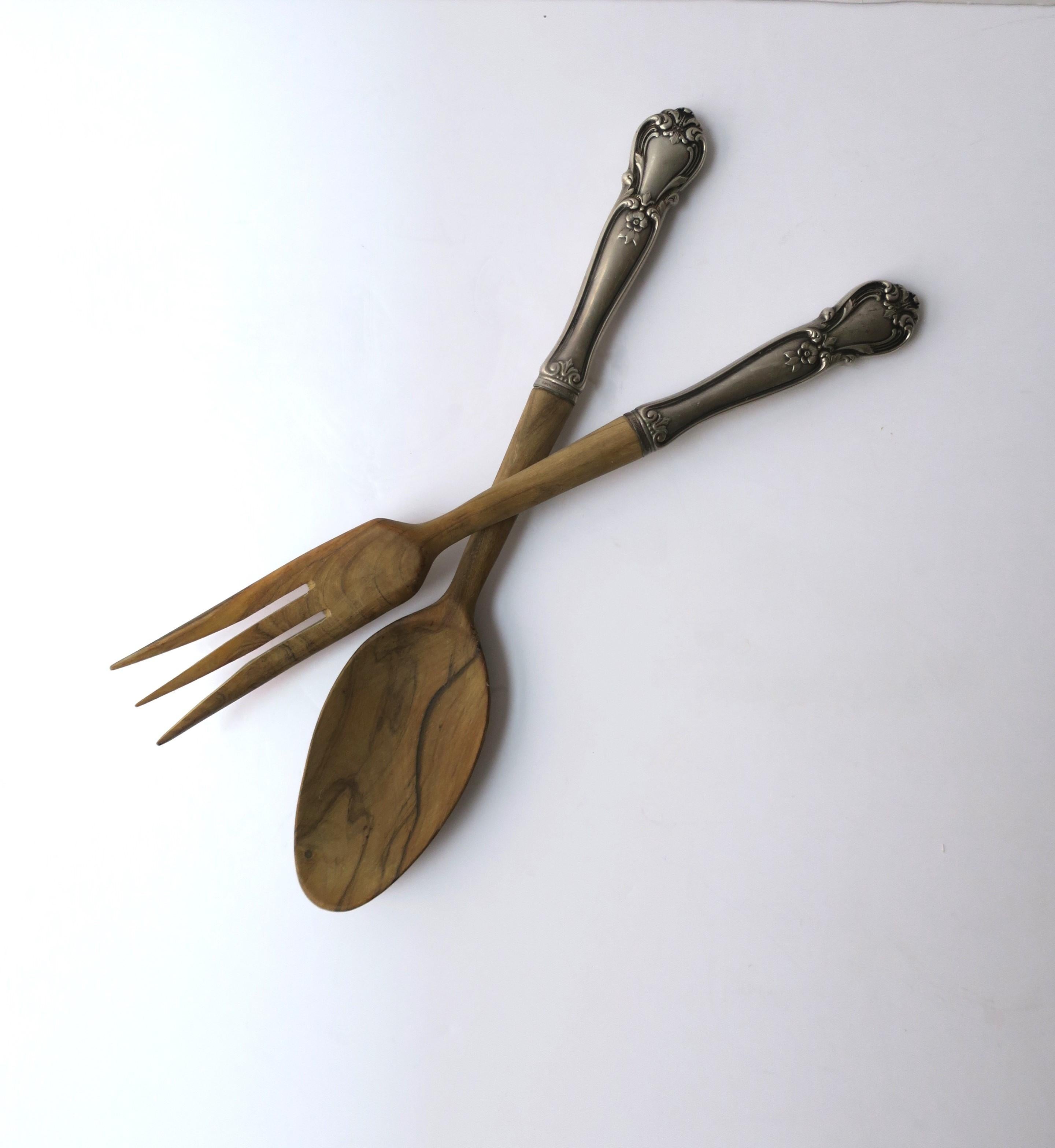 20th Century Sterling Silver and Wood Salad Serving Utensils For Sale