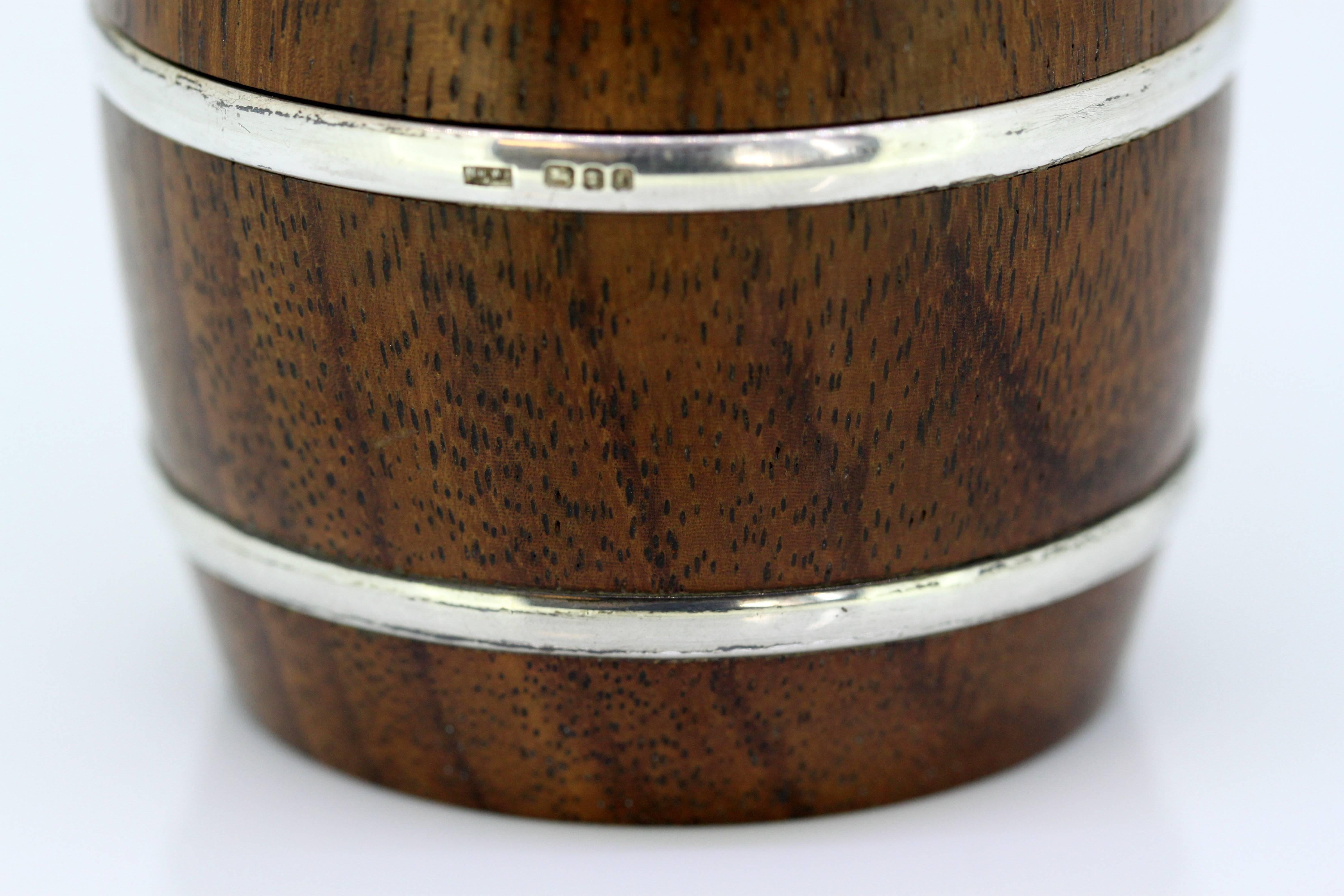 British Sterling Silver and Wood Salt Grinder in Form of a Barrel by Mappin & Webb