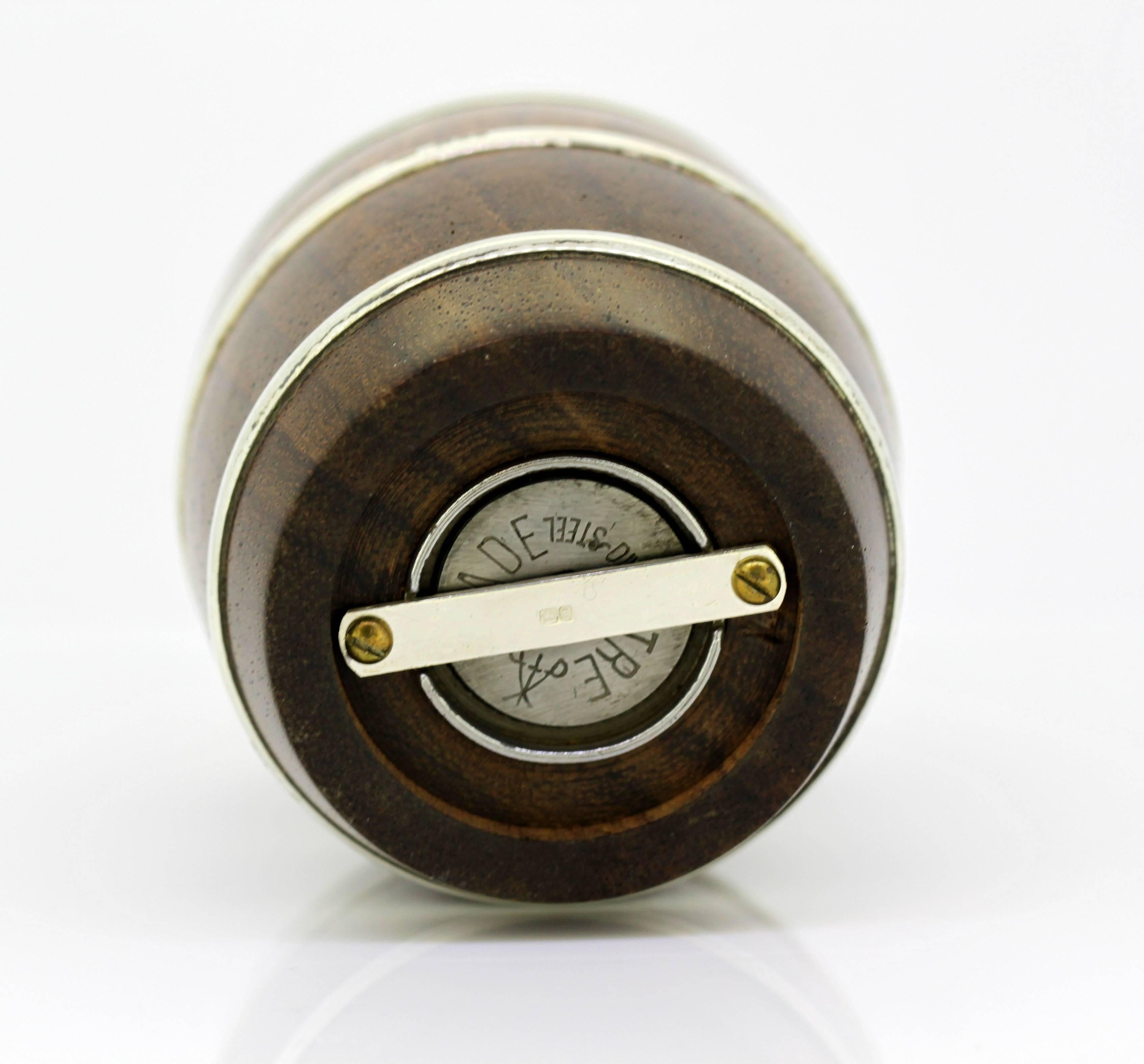 Sterling Silver and Wood Salt Grinder in Form of a Barrel by Mappin & Webb 1