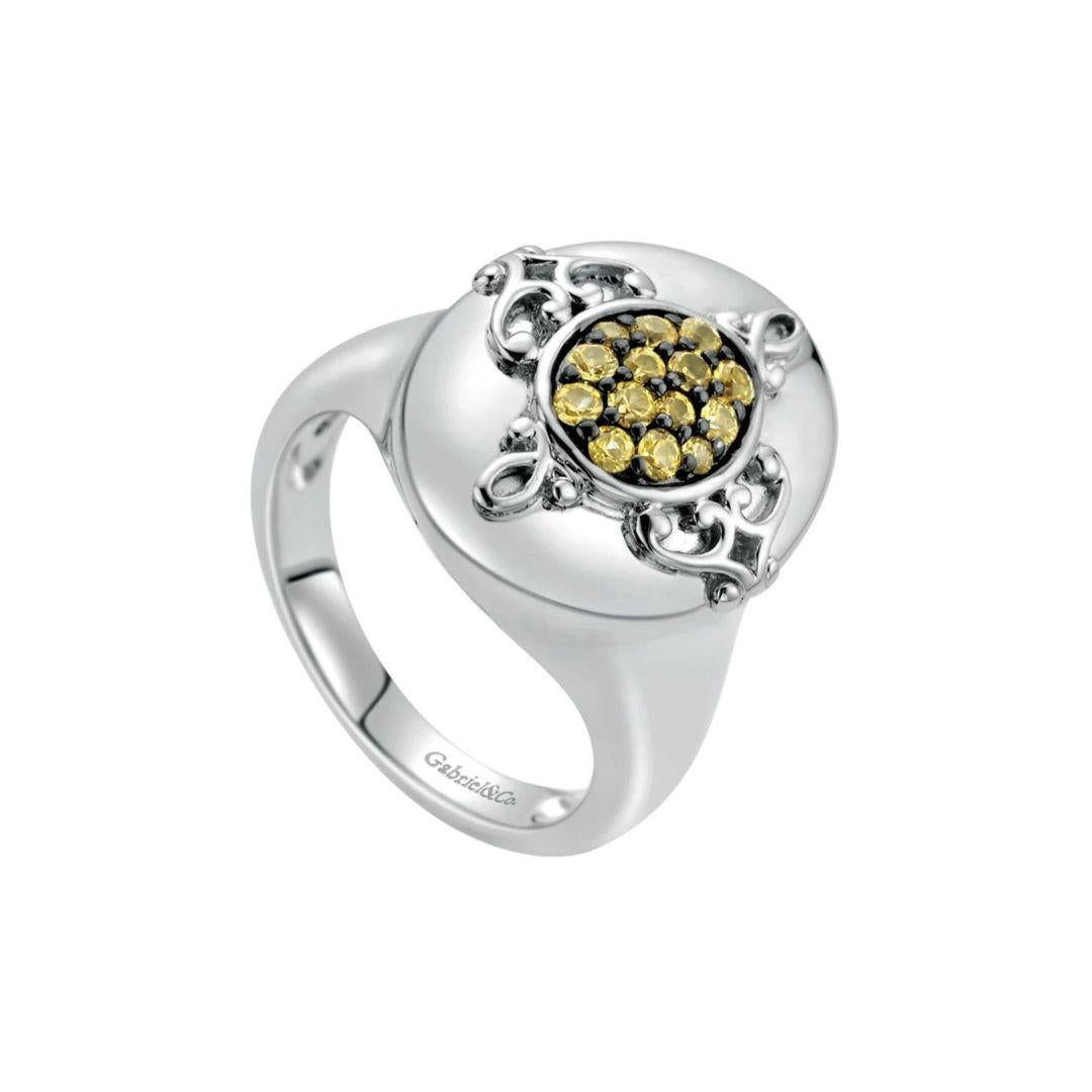 Round Cut   Sterling Silver and Yellow Sapphire Fashion Ring For Sale