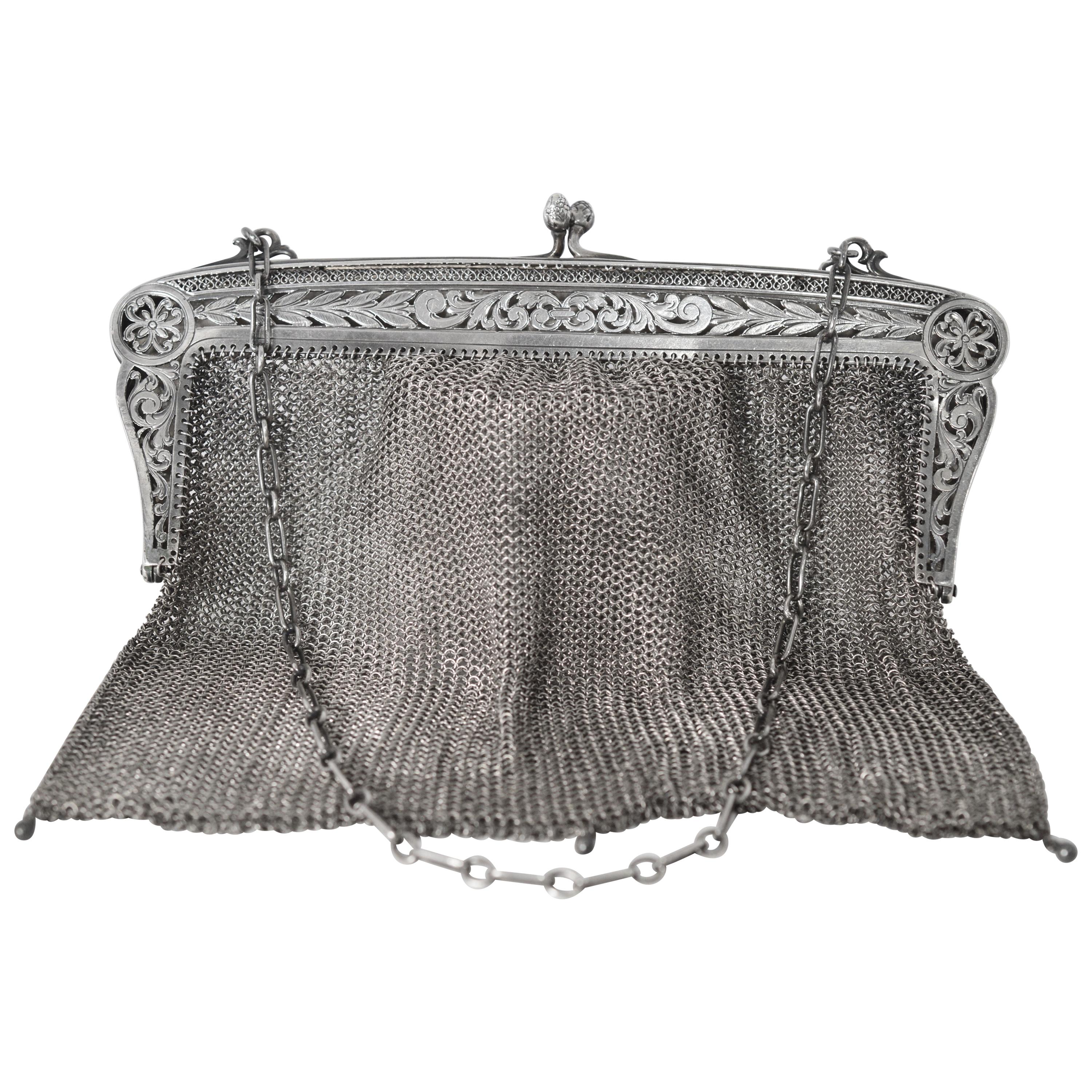 Sterling Silver Antique Chain Mail Mesh Evening Bag Purse