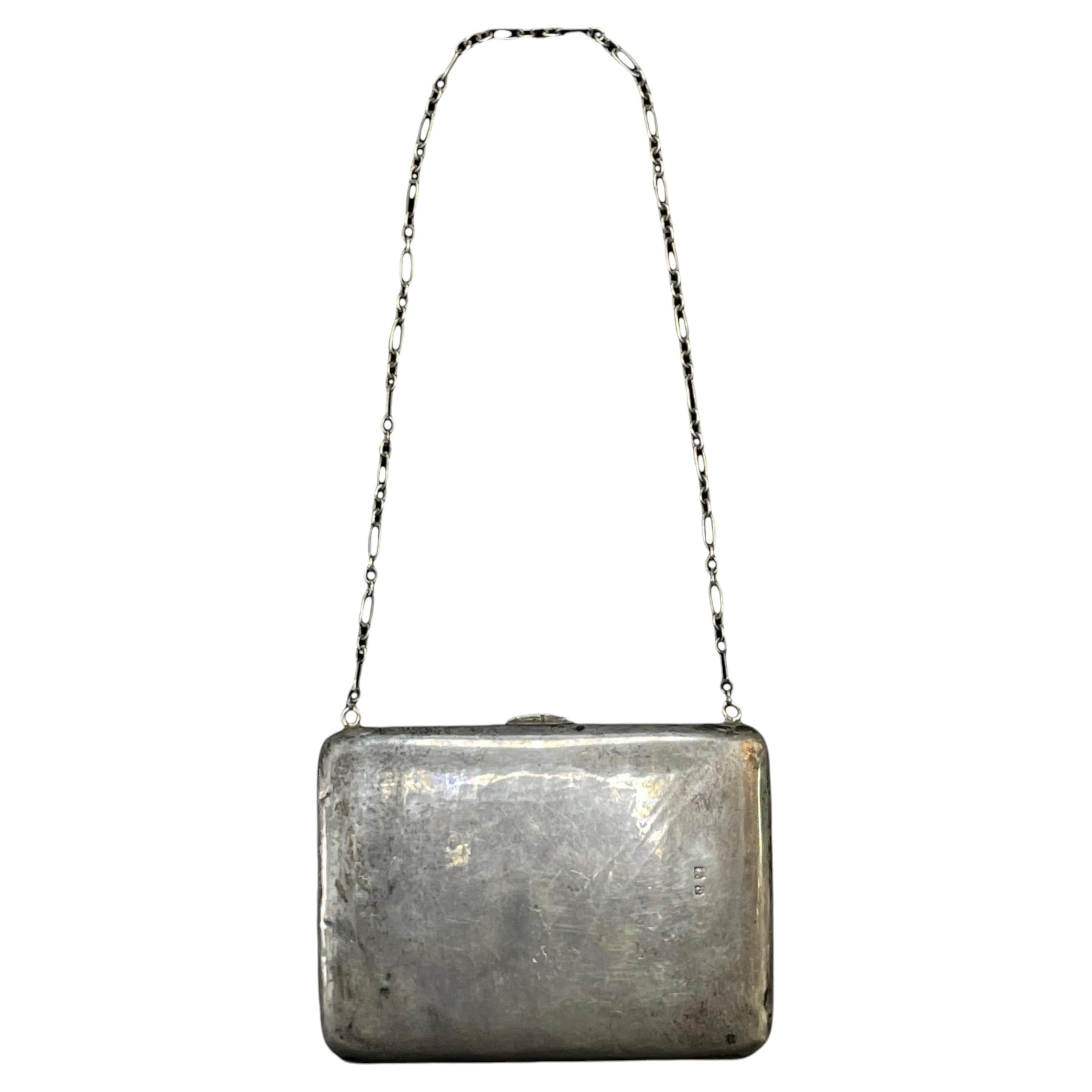 Sterling Silver Antique Edwardian British Evening Clutch Purse with Chain-1900s