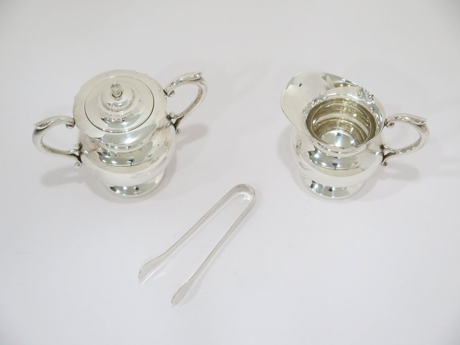 Sterling Silver Antique Japanese Mini Sugar Bowl, Creamer & Sugar Tongs Set 1