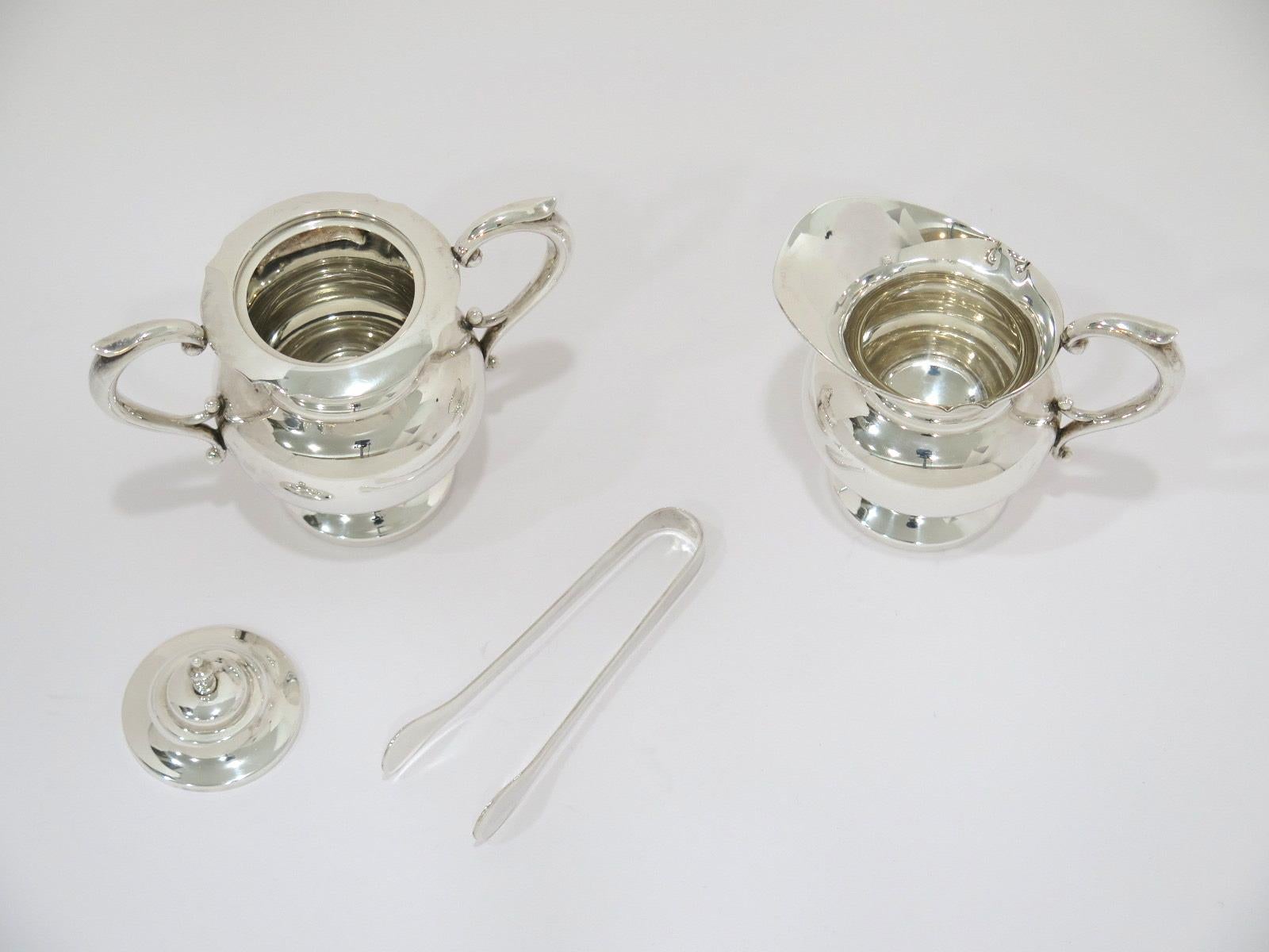 Sterling Silver Antique Japanese Mini Sugar Bowl, Creamer & Sugar Tongs Set 2