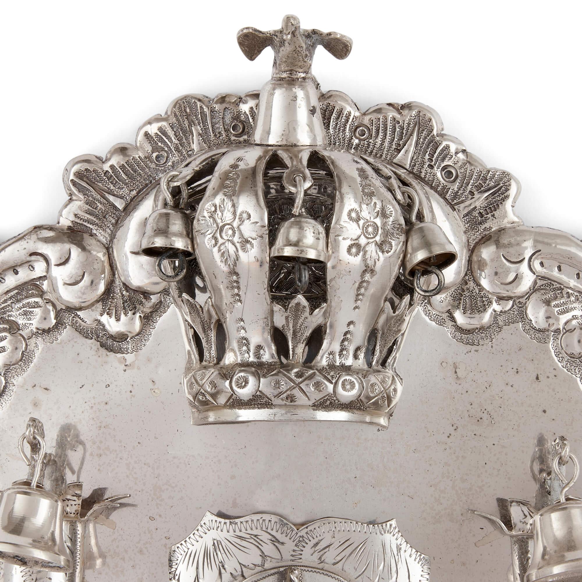 Sterling silver antique Judaica Torah breast plate, Late 19th century
Continental, 1882
Height 34cm, width 26cm, depth 5cm

This wonderful piece of antique Judaica is a large, exceptionally fine sterling silver Torah breast plate, or shield,