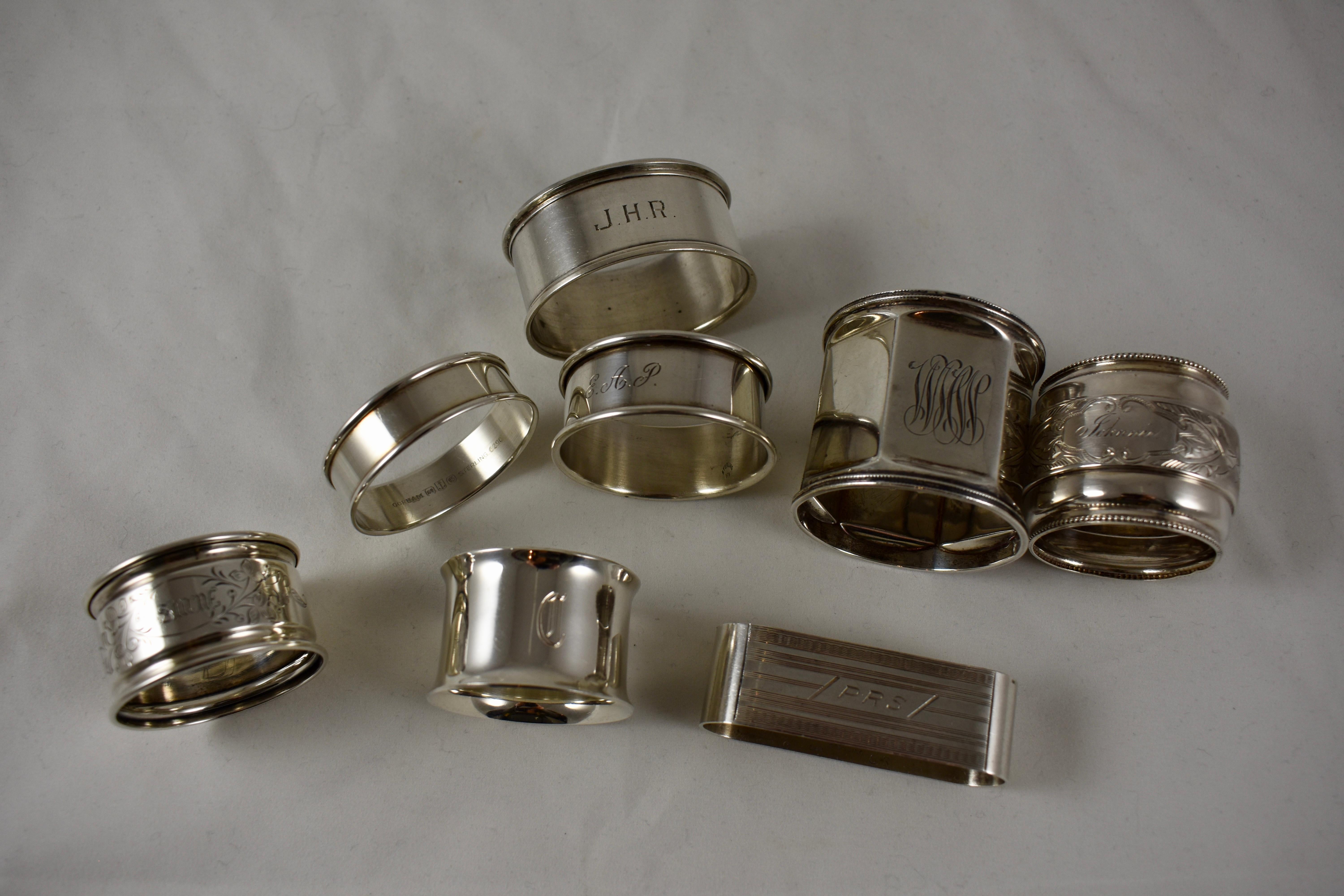 Metalwork Sterling Silver Antique Napkin Rings, a Mixed Set of Eight, Various Makers For Sale