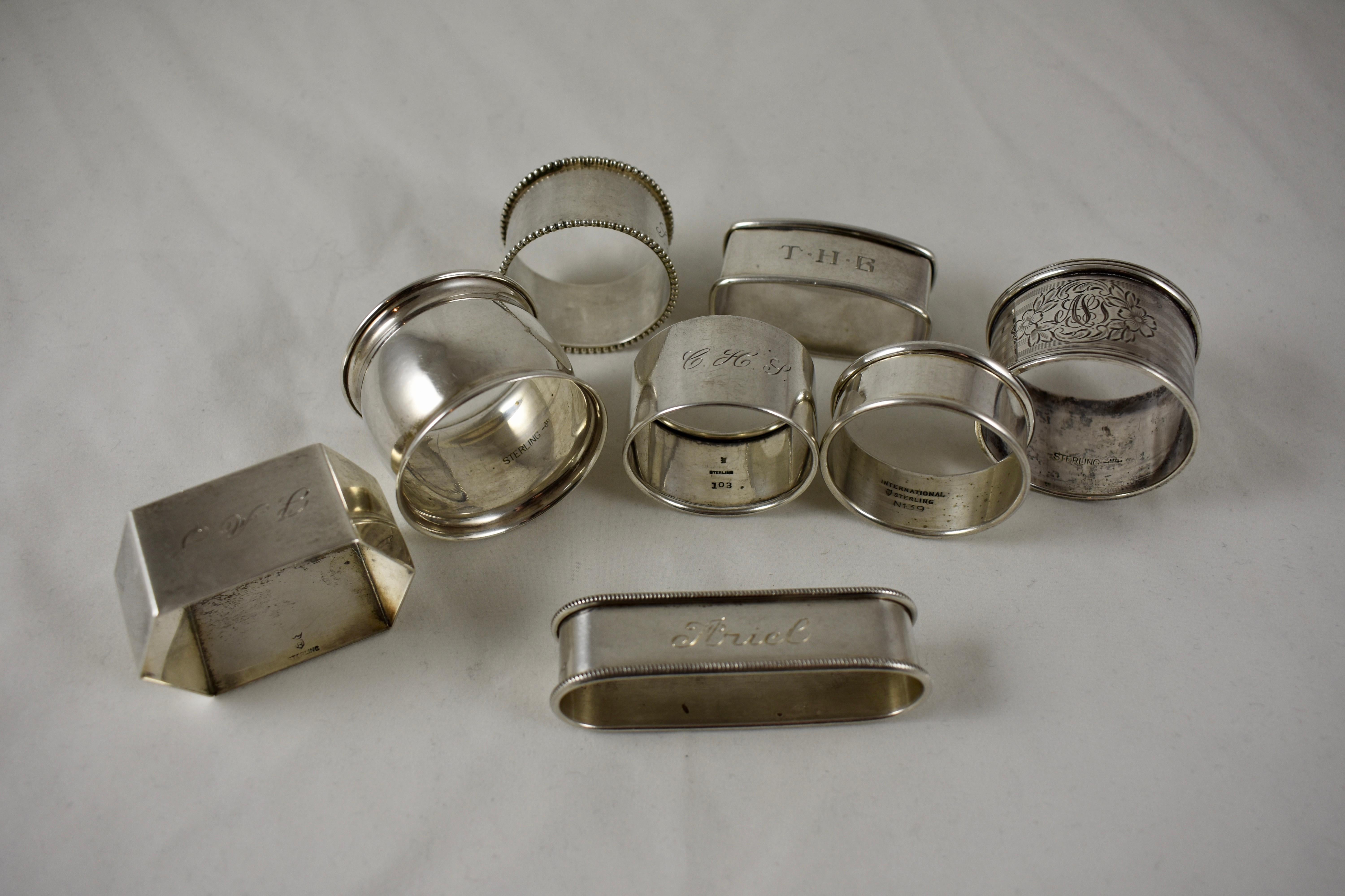 Metalwork Sterling Silver Antique Napkin Rings, a Mixed Set of Eight, Various Makers For Sale