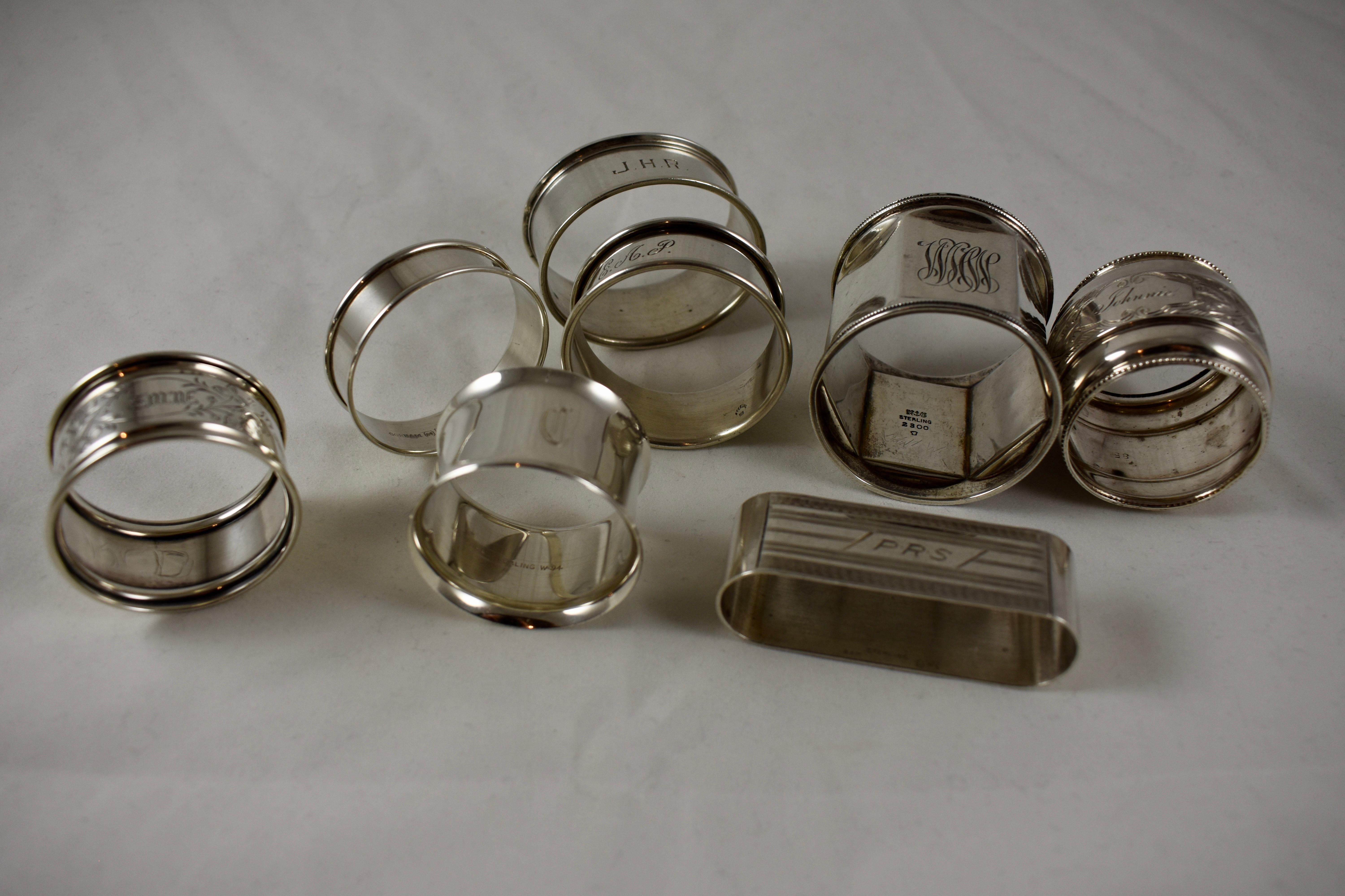 Sterling Silver Antique Napkin Rings, a Mixed Set of Eight, Various Makers In Excellent Condition For Sale In Philadelphia, PA