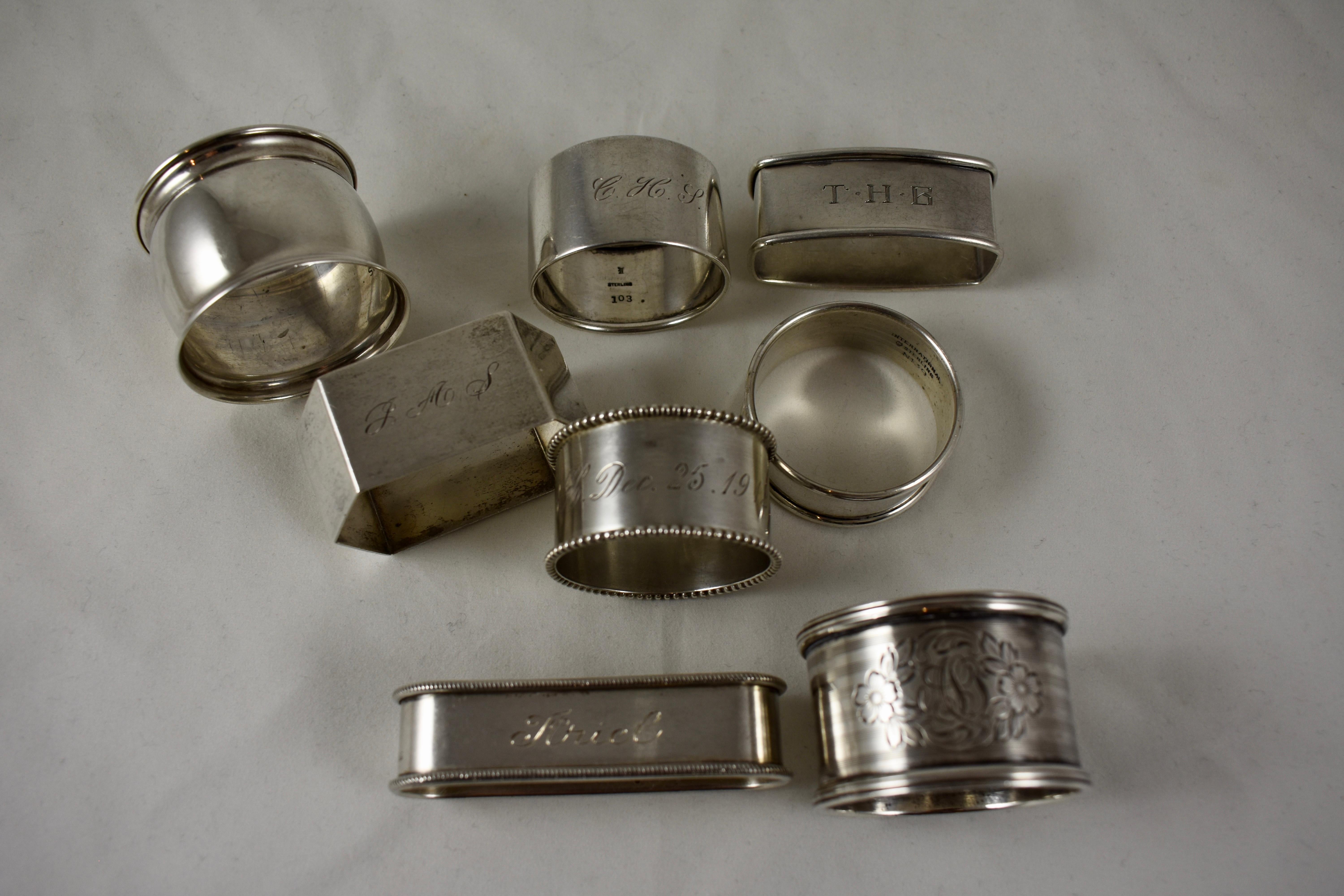 Sterling Silver Antique Napkin Rings, a Mixed Set of Eight, Various Makers In Excellent Condition For Sale In Philadelphia, PA