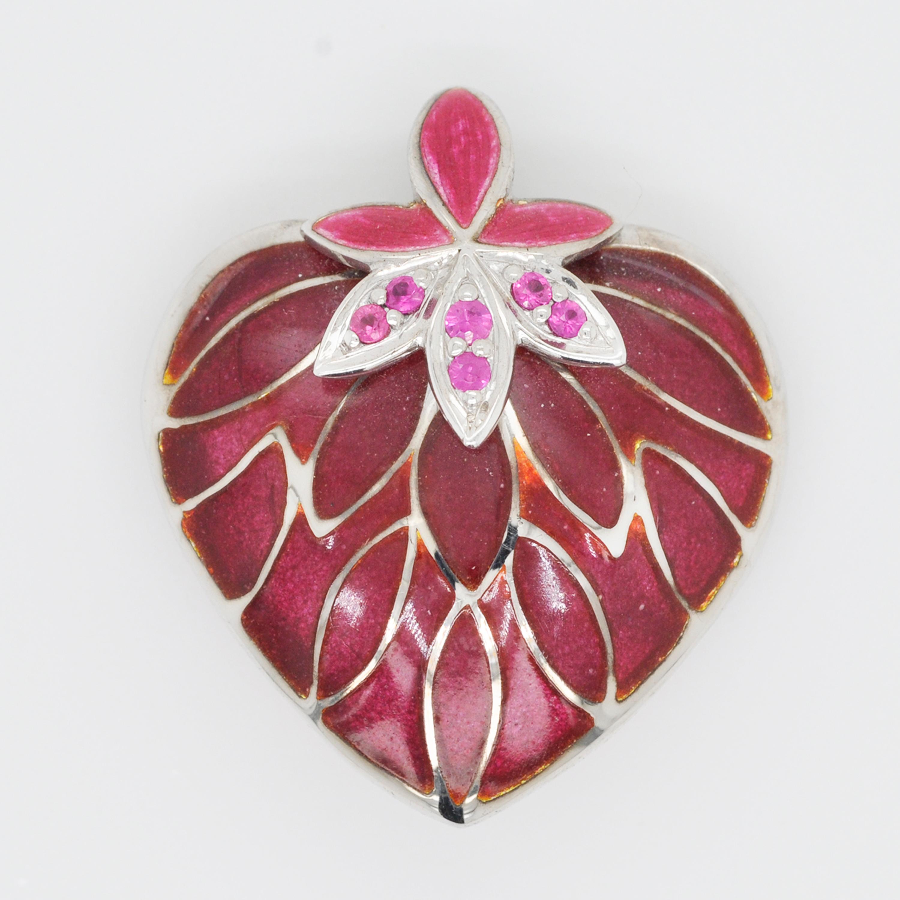 Contemporary Sterling Silver Apple Red Heart Plique-à-Jour Enamel Pendant Necklace For Sale