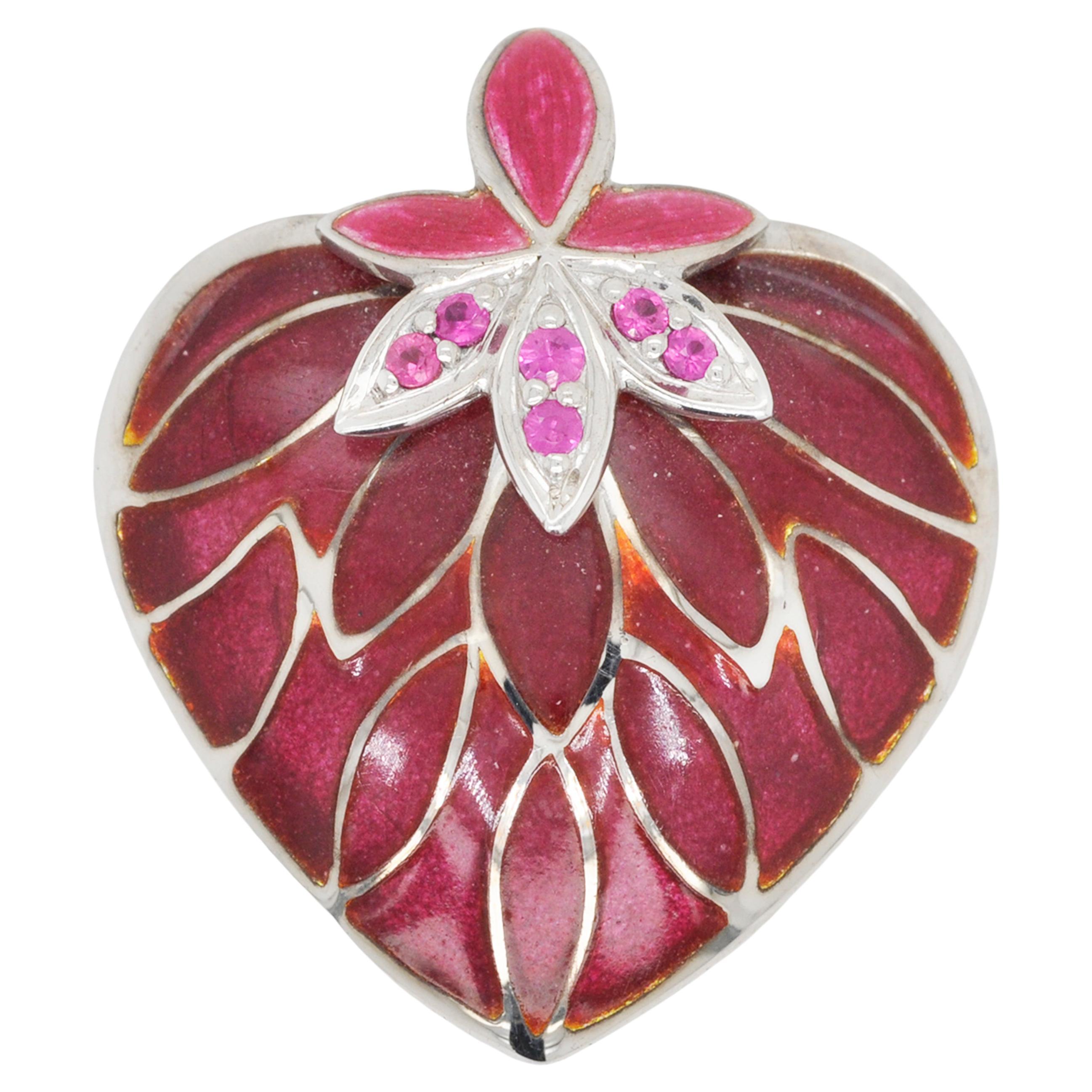 Sterling Silver Apple Red Heart Plique-à-Jour Enamel Pendant Necklace