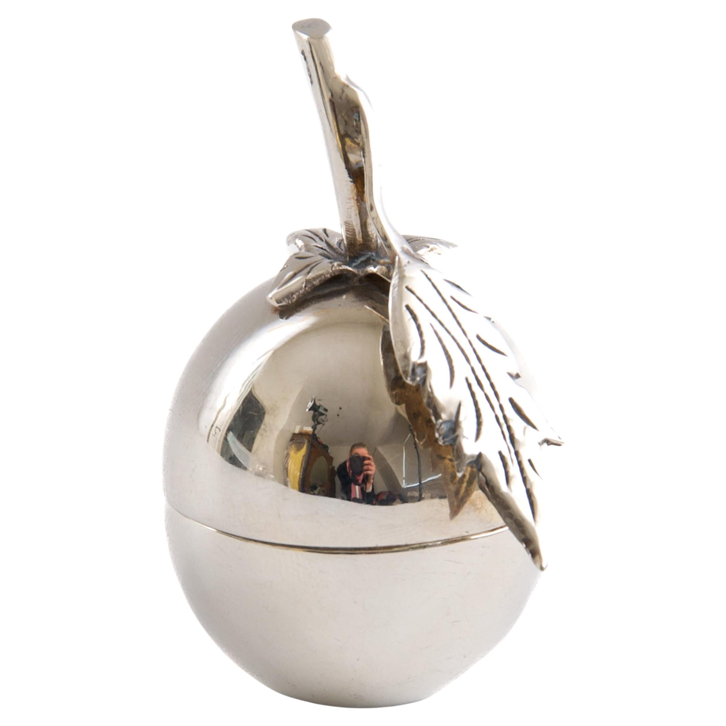 Sterling Silver Apple-Shaped Trinket Box with Sculpted Leaf and Stem