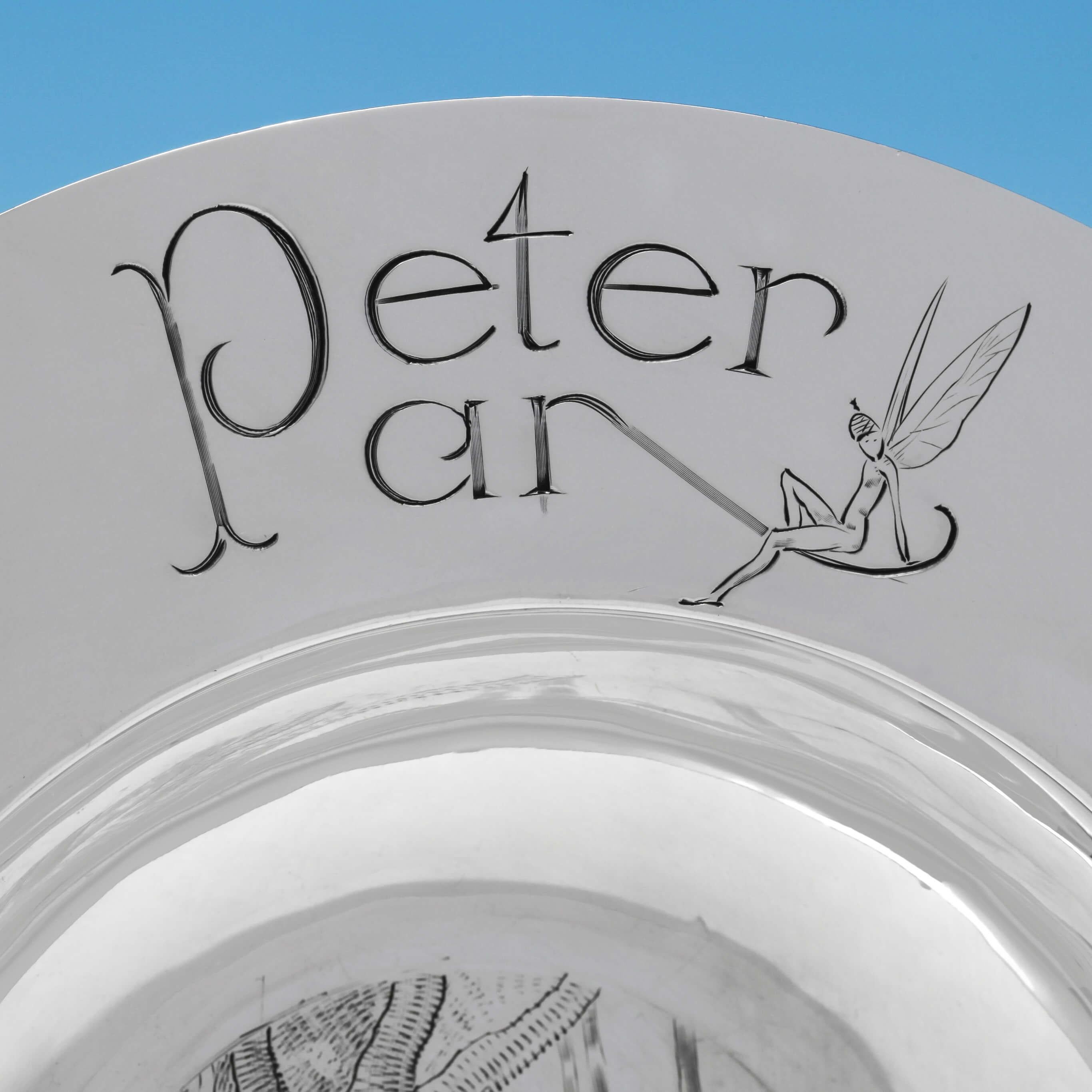 Arts and Crafts Peter Pan Engraved Sterling Silver Armada Dish by R. E. Stone For Sale