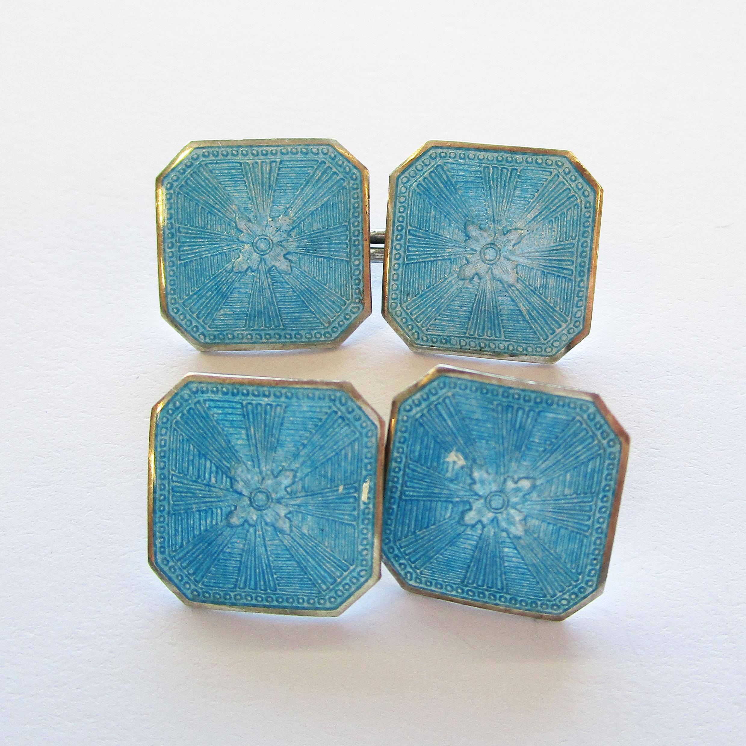 Sterling Silver Art Deco Bright Blue Guilloche Enamel Cufflinks In Excellent Condition In Lexington, KY