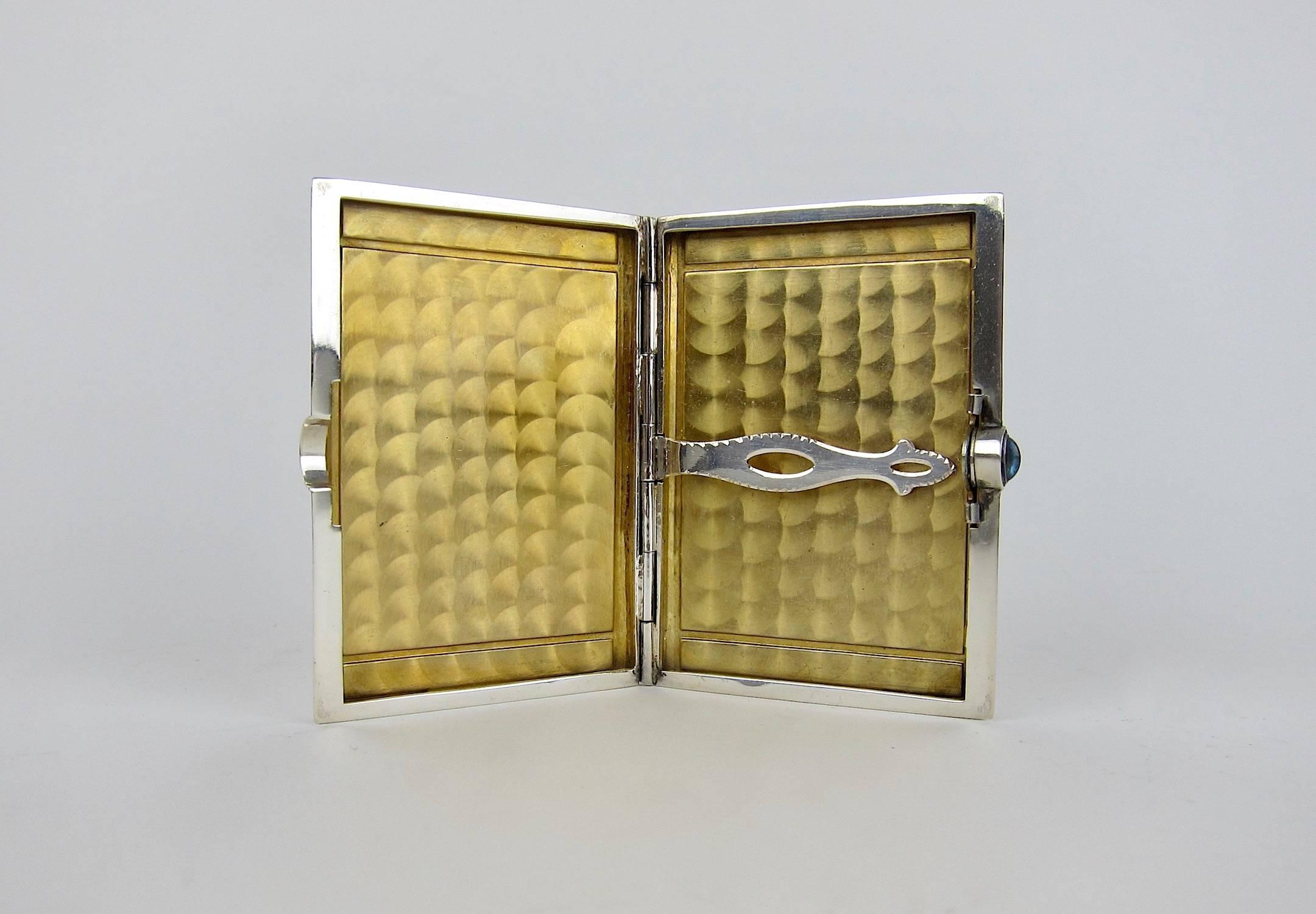 Sterling Silver Art Deco Cigarette Case with Jeweled Cabochon Clasp 3