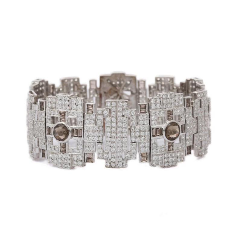 Beautifully handcrafted silver Art Deco CZ and Smoky Topaz Wide Wedding Bracelet, designed with love, including handpicked luxury gemstones for each designer piece. Grab the spotlight with this exquisitely crafted piece. Inlaid with natural smoky