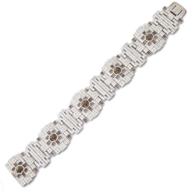 Round Cut Sterling Silver Art Deco CZ and Smoky Topaz Wide Wedding Bracelet For Sale