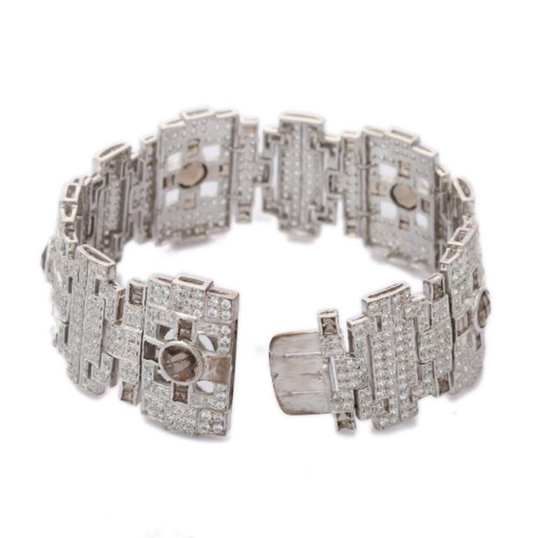 Sterling Silver Art Deco CZ and Smoky Topaz Wide Wedding Bracelet In New Condition For Sale In Houston, TX