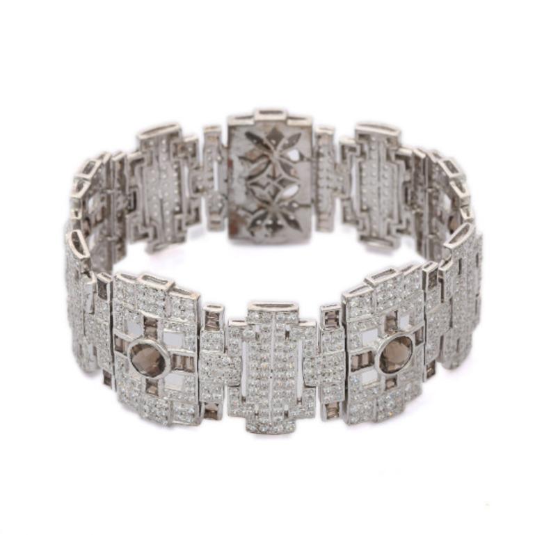 Women's Sterling Silver Art Deco CZ and Smoky Topaz Wide Wedding Bracelet For Sale