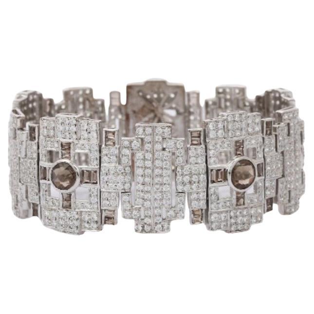 Sterling Silver Art Deco CZ and Smoky Topaz Wide Wedding Bracelet