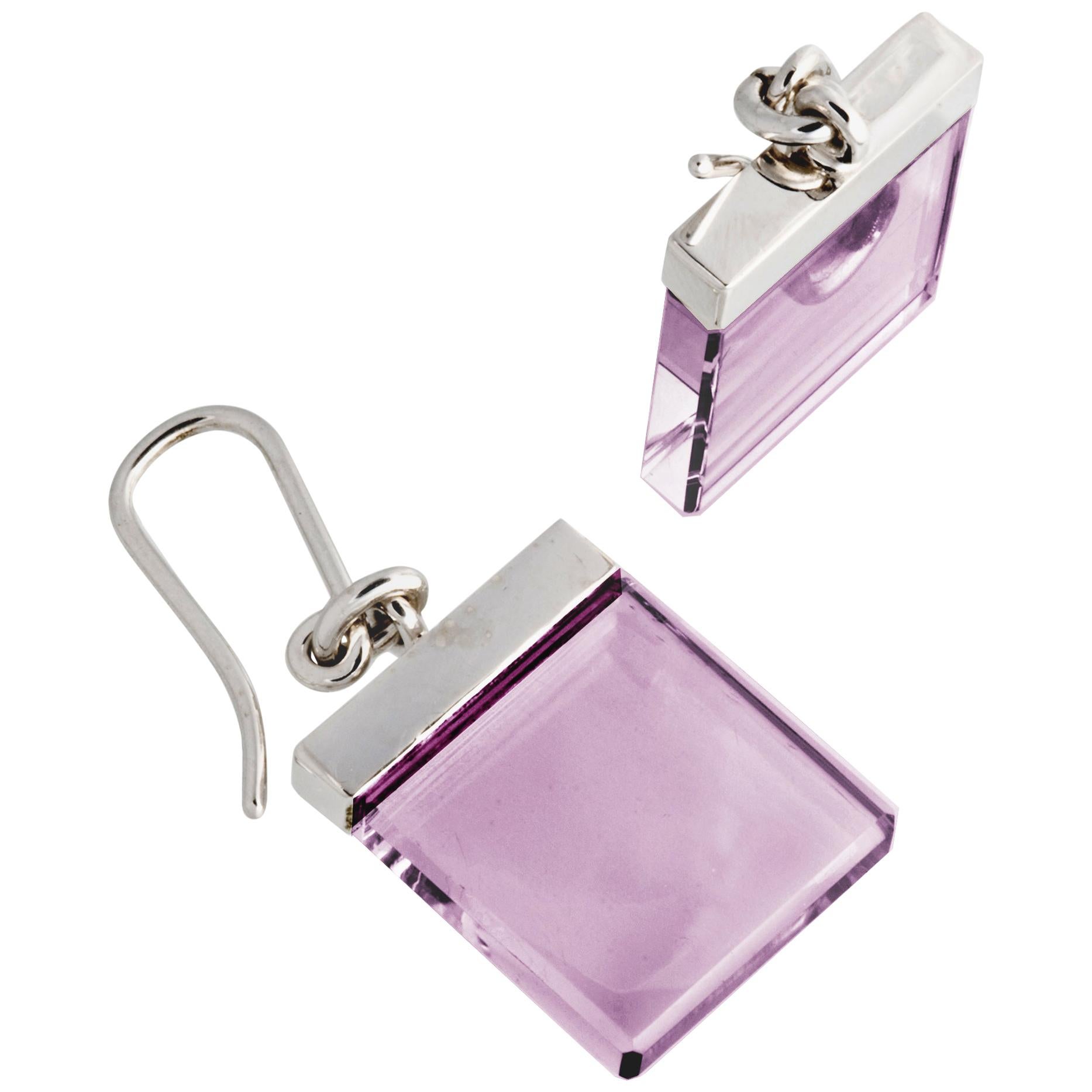 Sterling Silver Art Deco Style Dangle Earrings by Artist with Natural Amethysts