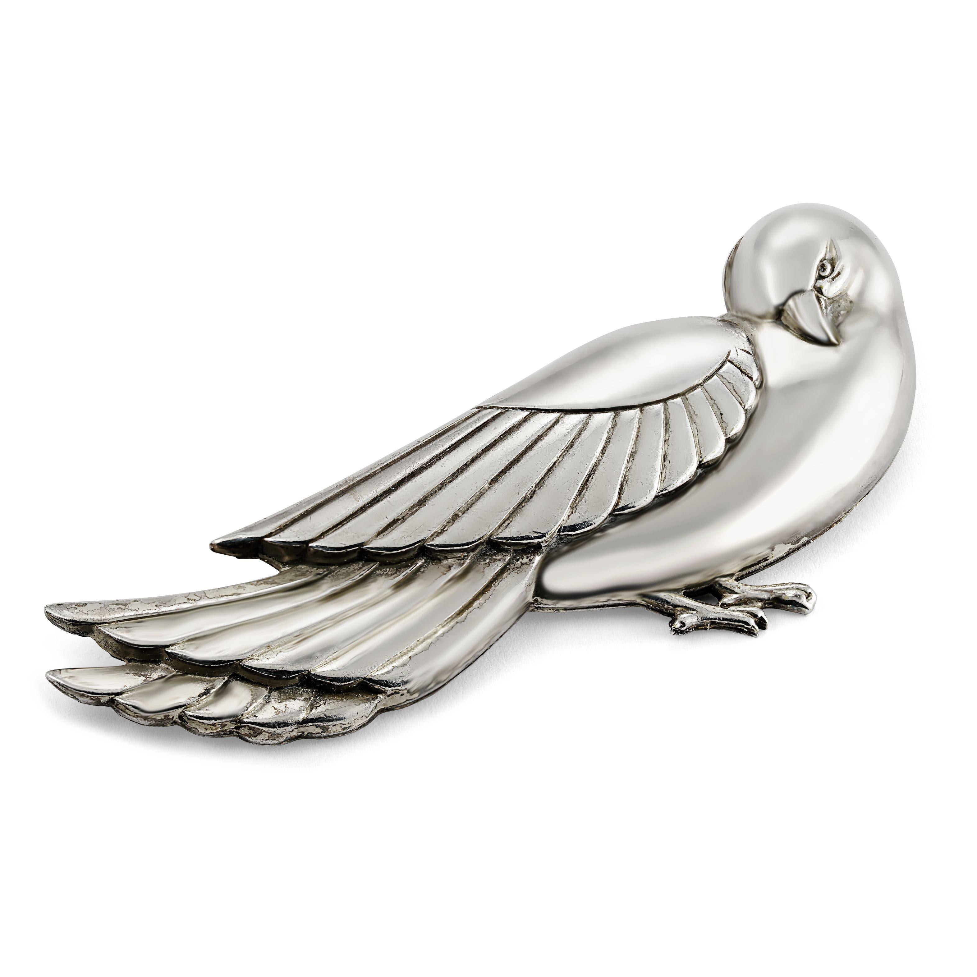 Simply Fabulous! Dynamic Art Deco Sterling Silver Dove Bird Pin, measuring an impressive 3.5” long. Circa 1930s. More Beautiful in Real Time! A rare blend of Elegance and Edge! For that Special Someone…Including You!  
