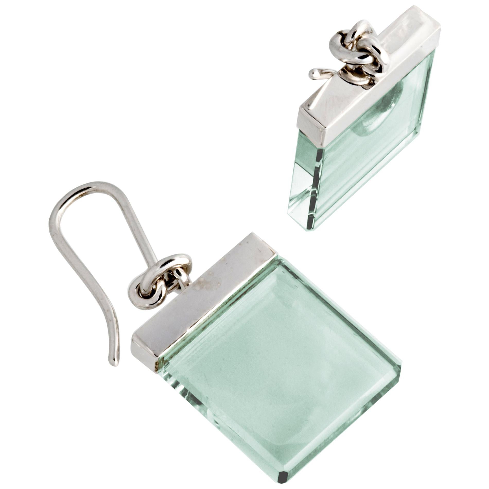 Sterling Silver Art Deco Style Earrings by Artist with Green Quartzes For Sale