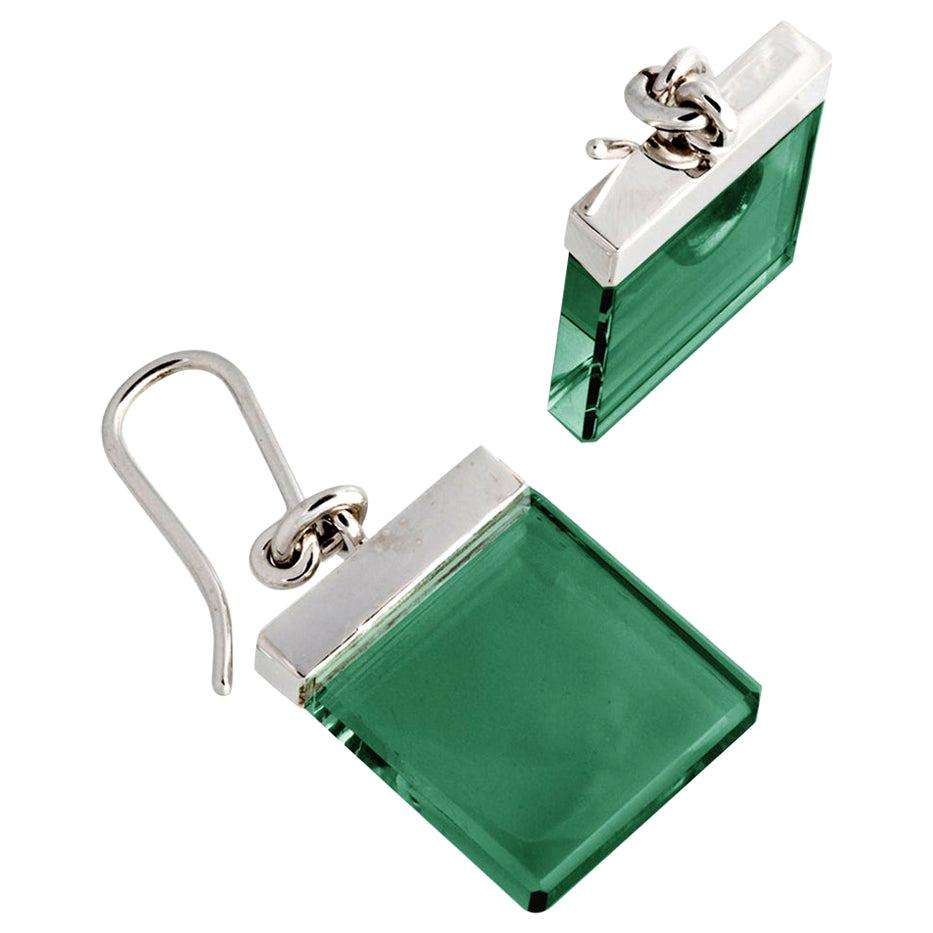 Sterling Silver Contemporary Dimensional Dangle Earrings with Green Quartz For Sale