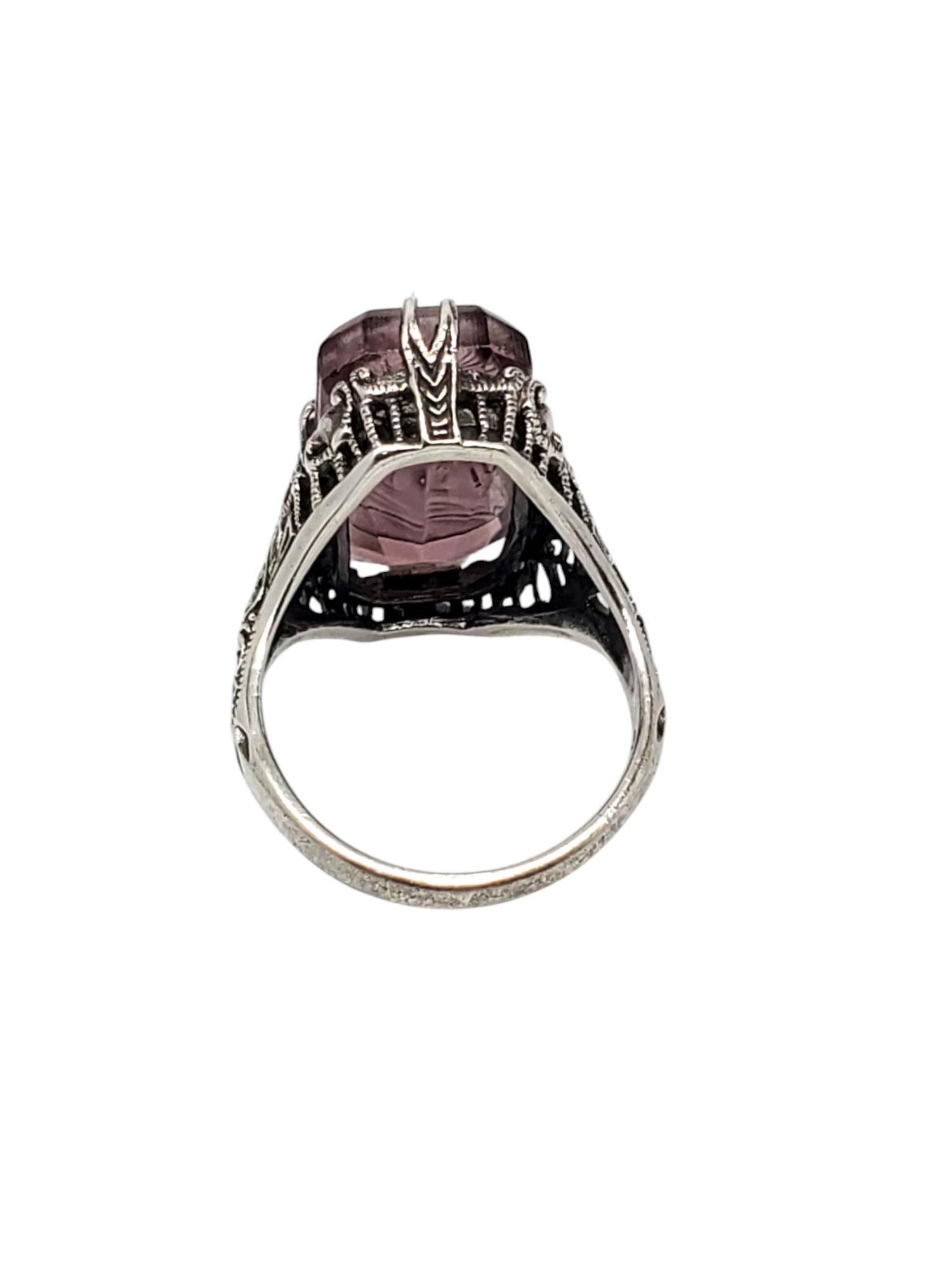 Sterling Silver Filigree Intaglio Purple Stone Ring Size 10 #20845 In Good Condition For Sale In Washington Depot, CT