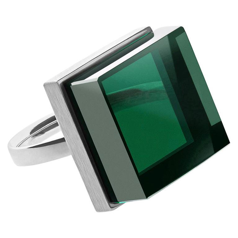 Custom-Made Sterling Silver Contemporary Ring with Dark Green Quartz For Sale