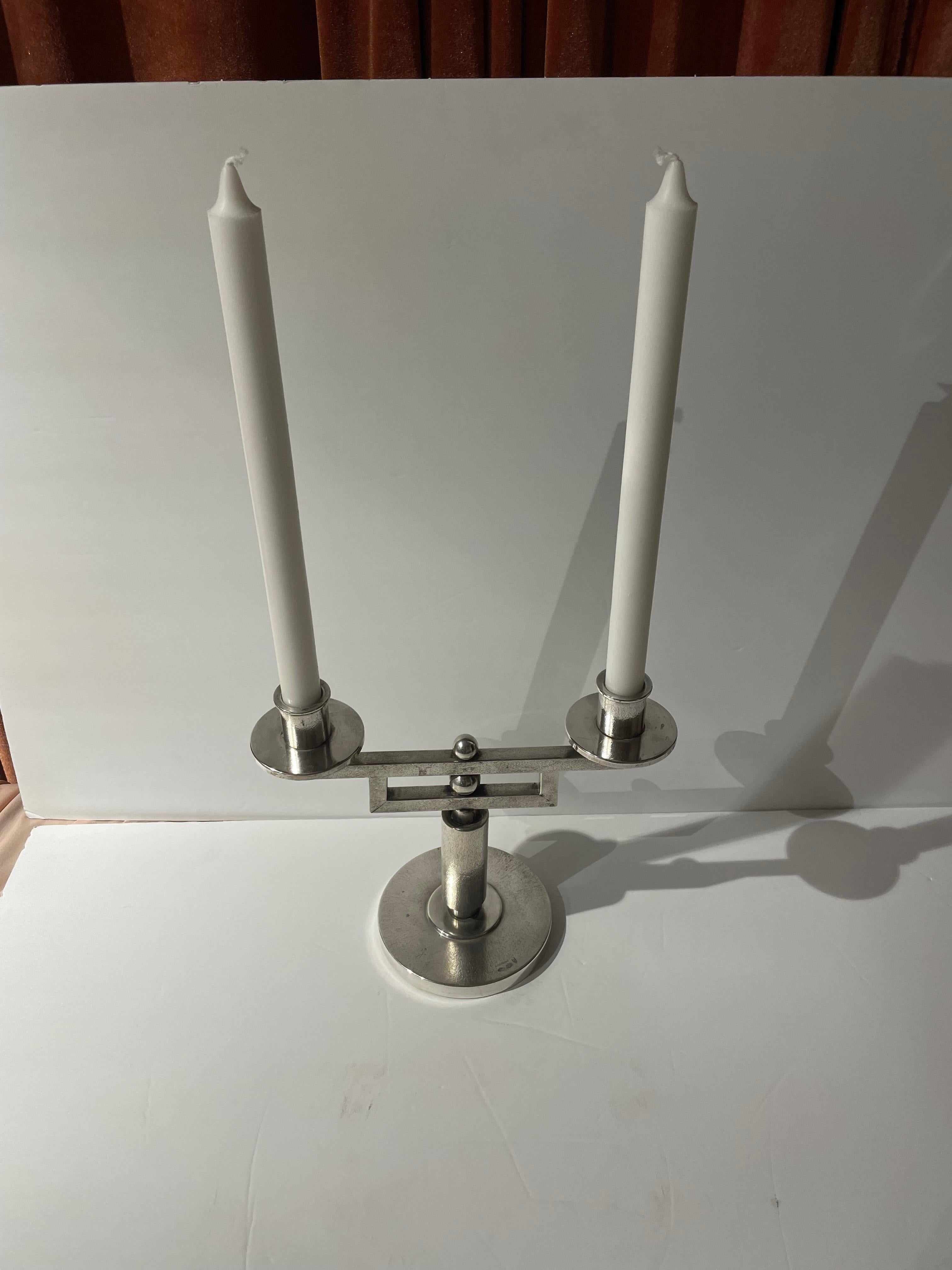 Sterling Silver Art Deco Italian Candlestick made by Romeo Miracoli. Modernist design, very high-quality details circa 1920-1940. The design treatment is unique, with a textured finish on some parts which complements the smooth finish on other
