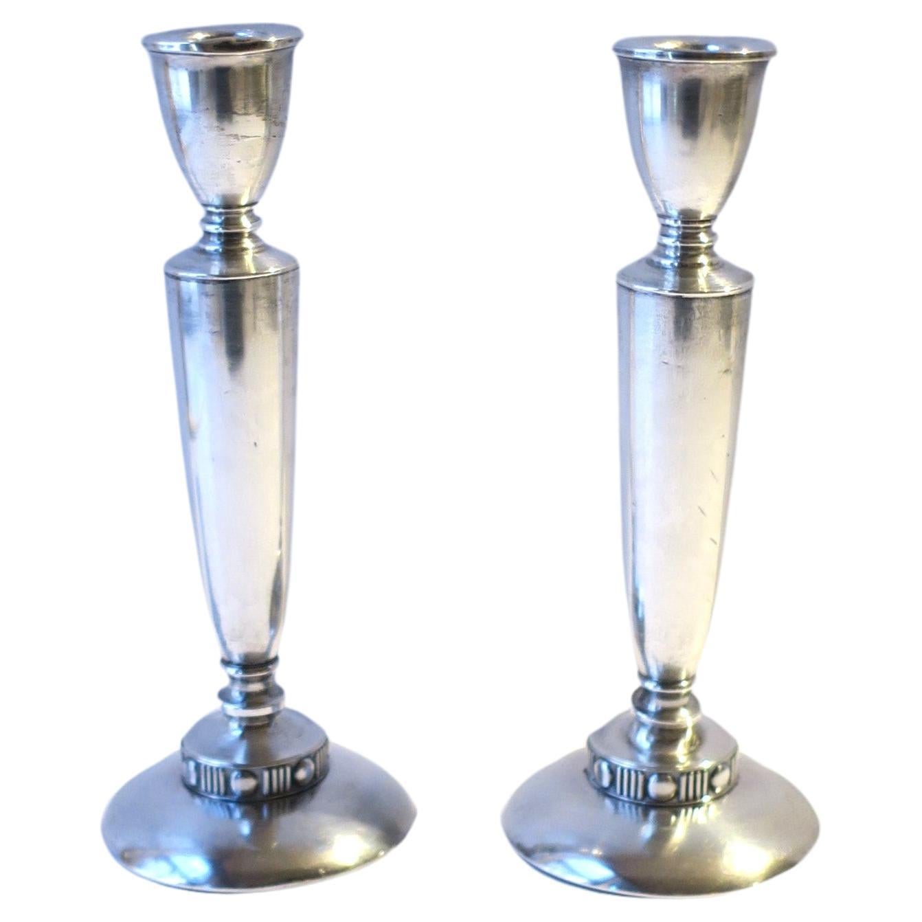 Sterling Silver Art Deco Period Candlesticks Holders, Pair For Sale