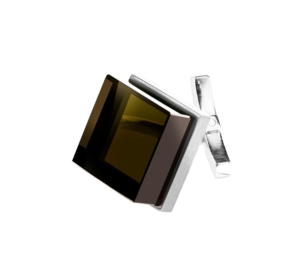 Contemporary Sterling Silver Art Deco Style Ink Cufflinks by the Artist with Smoky Quartz For Sale