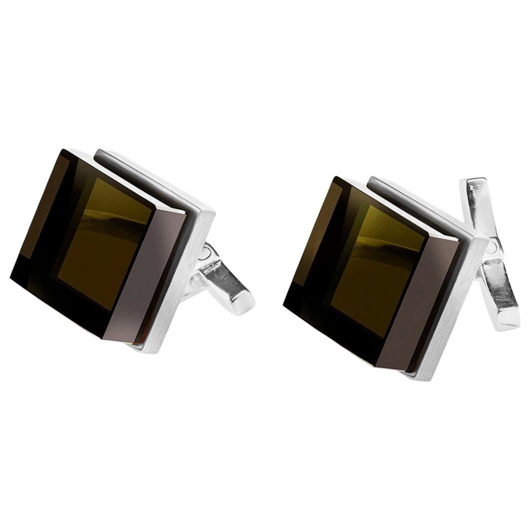 Sterling Silver Art Deco Style Ink Cufflinks by the Artist with Smoky Quartz For Sale