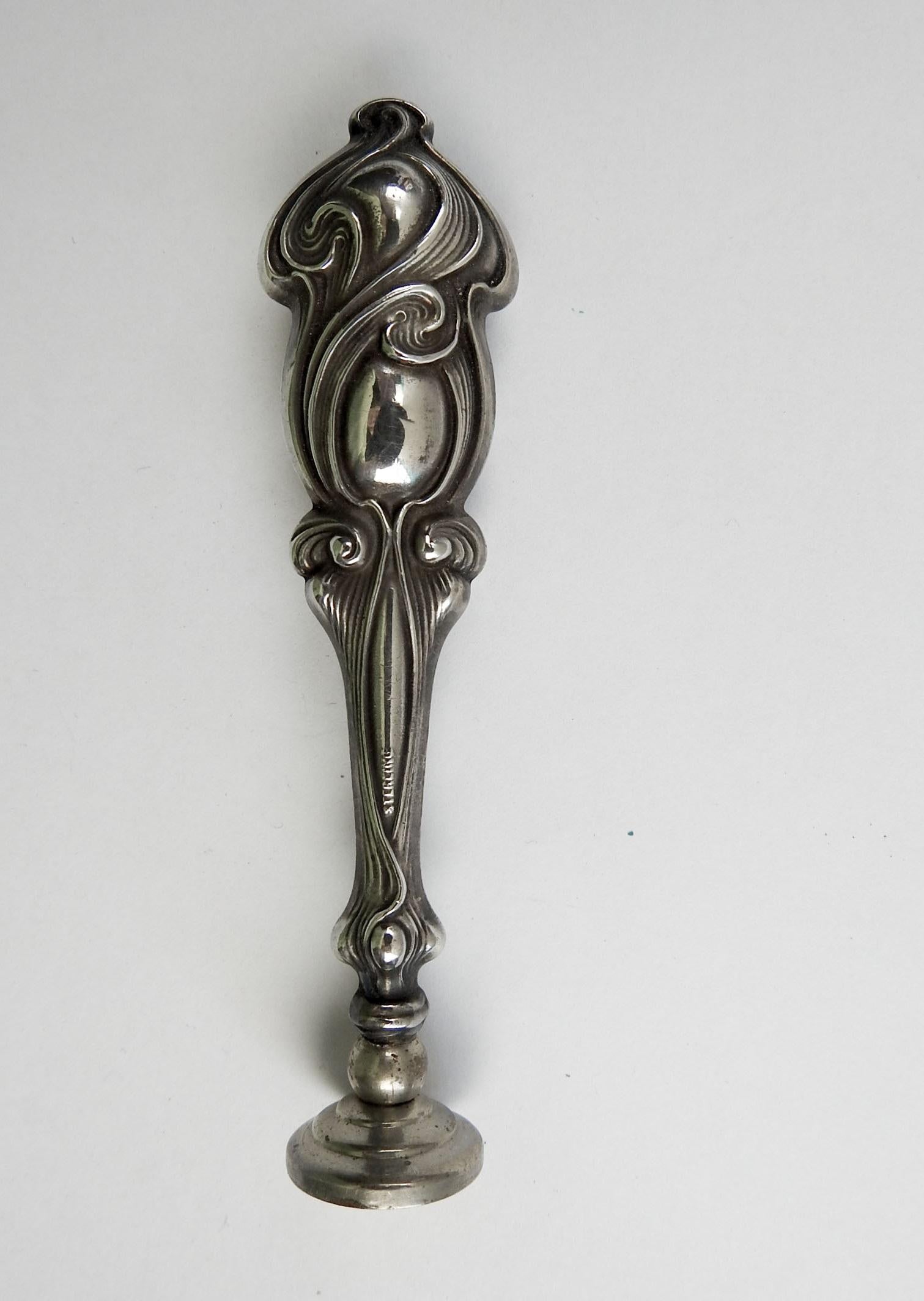 Antique sterling silver handle for wax seal. New old stock, the owner would have an engraved stamp made to attach to the handle. Send your correspondence off with style! Beautiful Art Nouveau style. Area to attach seal is 3/4
