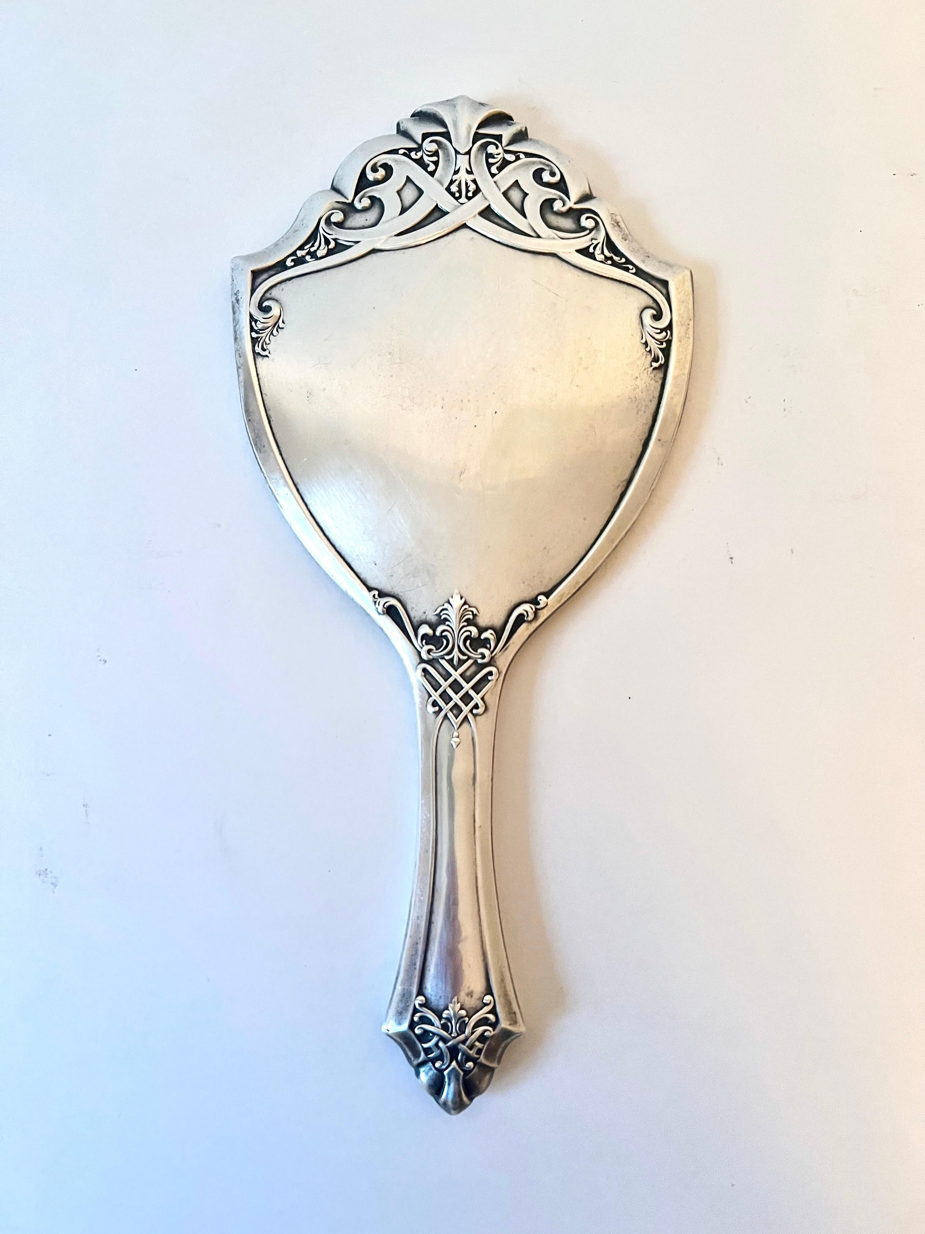 Repoussé Sterling Silver Art Nouveau  Beveled Hand Mirror 