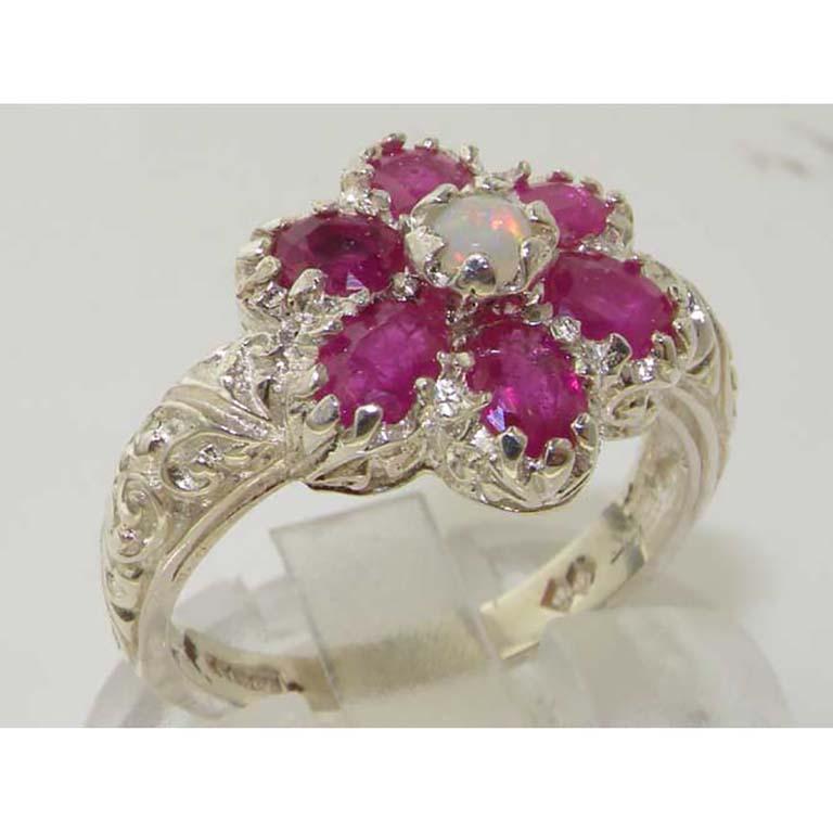 For Sale:  Sterling Silver Art Nouveau Cluster Floral Opal & Ruby Ring, Customizable 2